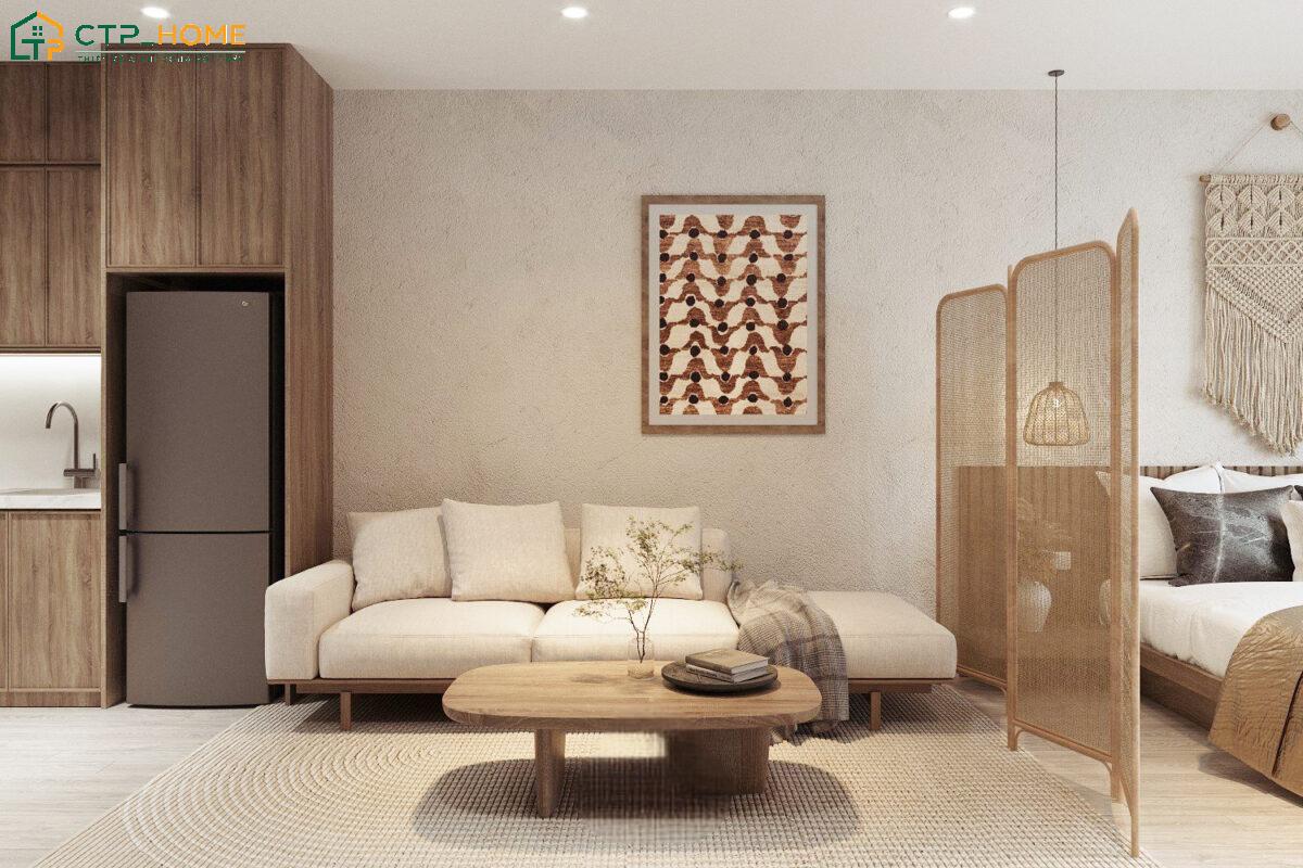 Mẫu thiết kế nội thất căn hộ nhỏ Wabi Sabi sẽ sử dụng những chi tiết thô mộc để làm điểm nhấn