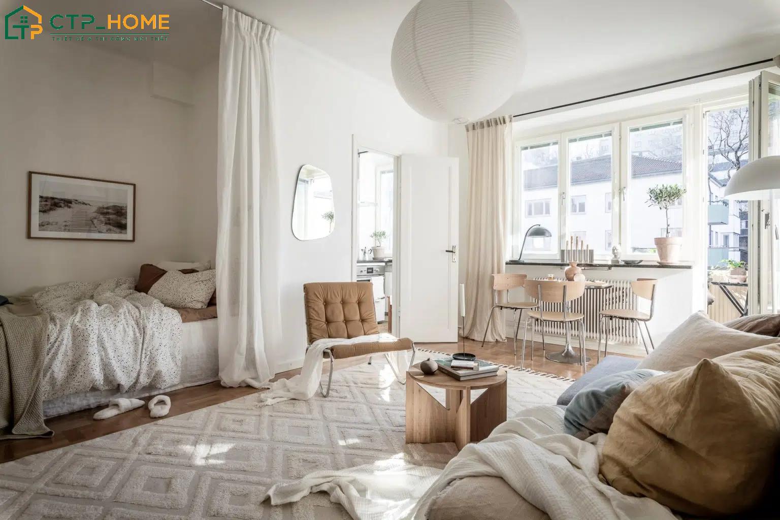 Sự kết hợp giữa tone màu trắng và chất liệu gỗ đã tạo nên vẻ đẹp đặc trưng của phong cách Scandinavian