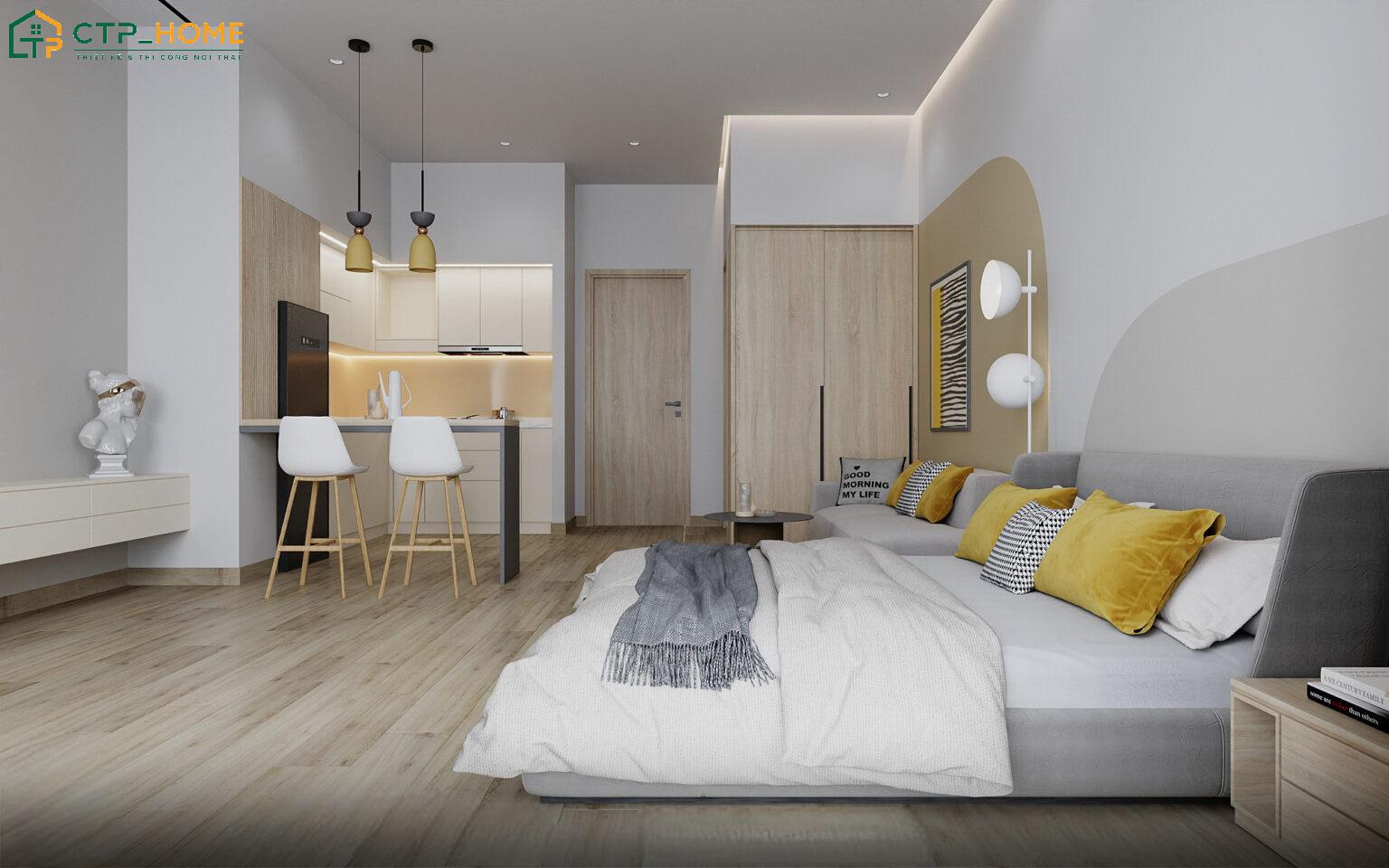 Mẫu thiết kế nội thất căn hộ chung cư nhỏ 20m2 sử dụng tone màu sáng kết hợp với ánh sáng tự nhiên