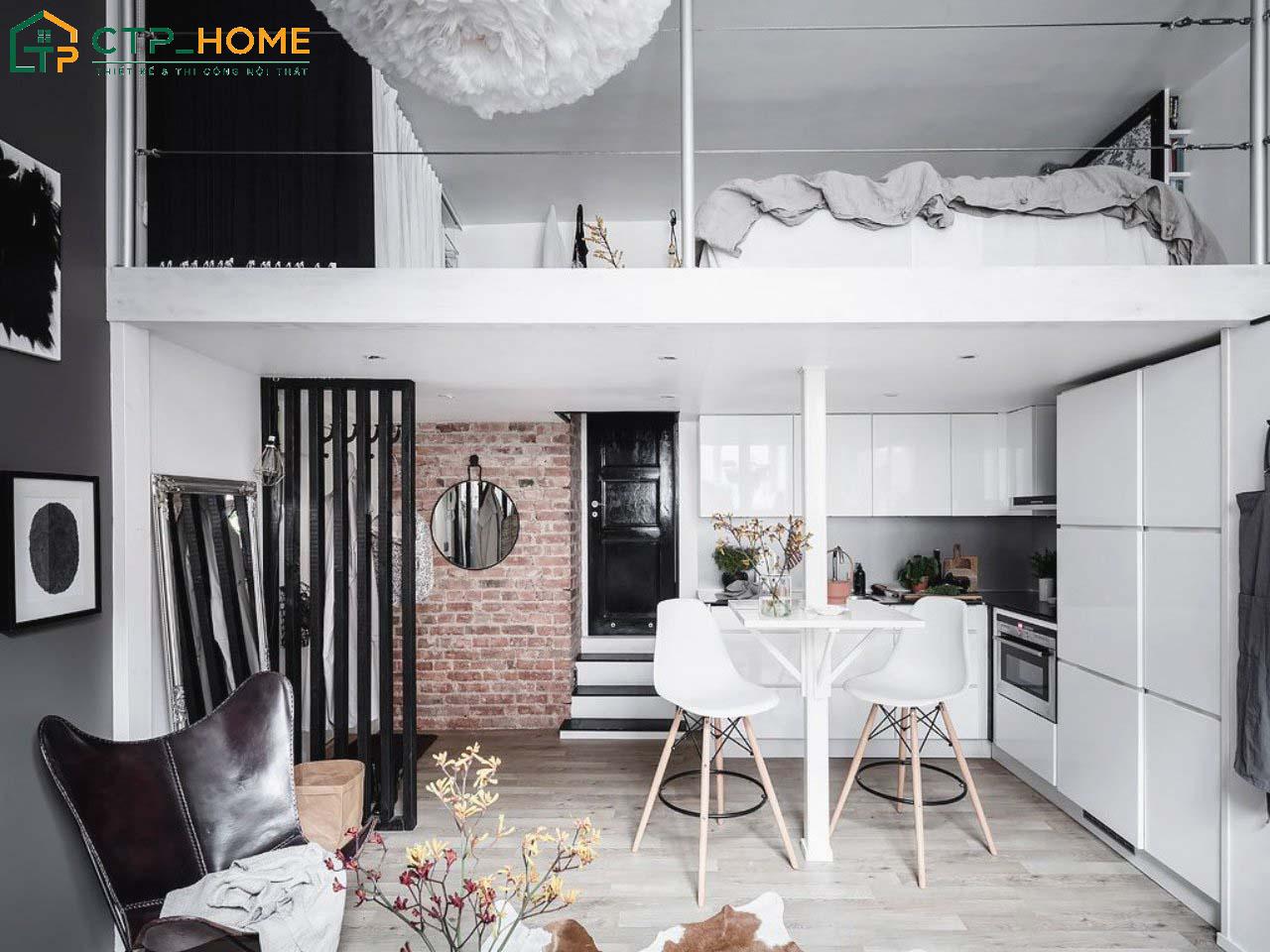 Mẫu thiết kế nội thất cho nhà chung cư nhỏ 30m2 có gác lửng sử dụng nội thất thông minh