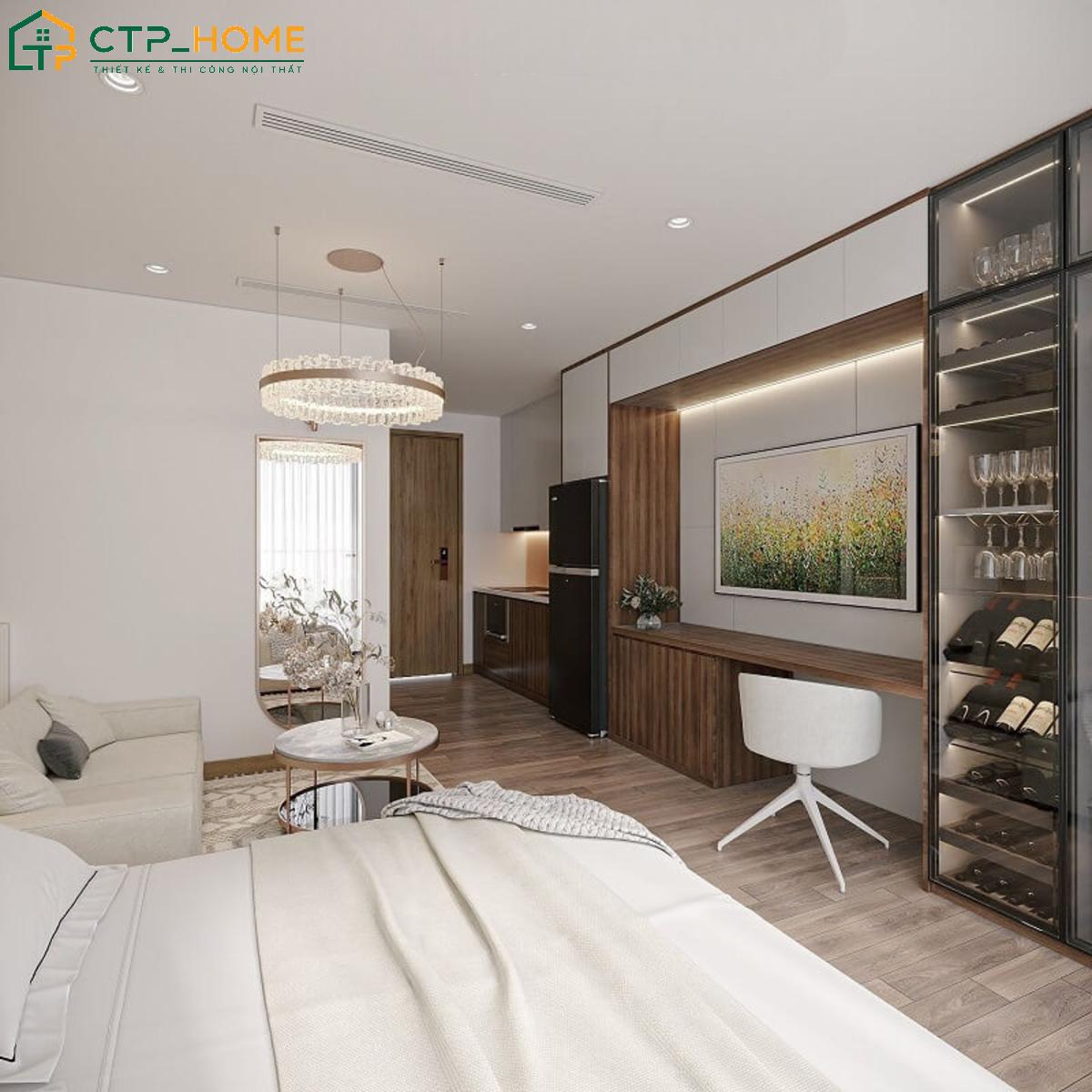 Bố trí giường ngủ liền thông với phòng khách giúp tiết kiệm diện tích tối đa