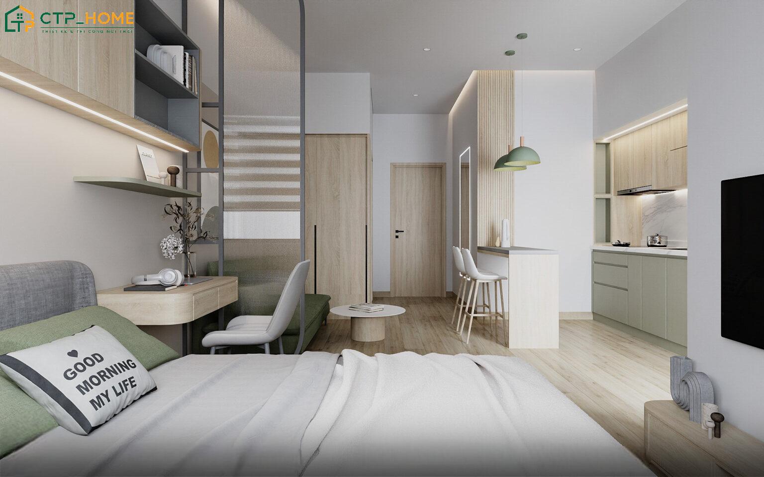 Không gian chung cư mini hiện đại được bố trí liền mạch giúp mang lại cảm giác thông thoáng hơn