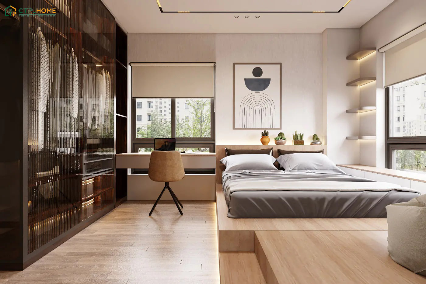 Mẫu decor nhà cấp 4 với không gian phòng ngủ màu nâu trầm ấn