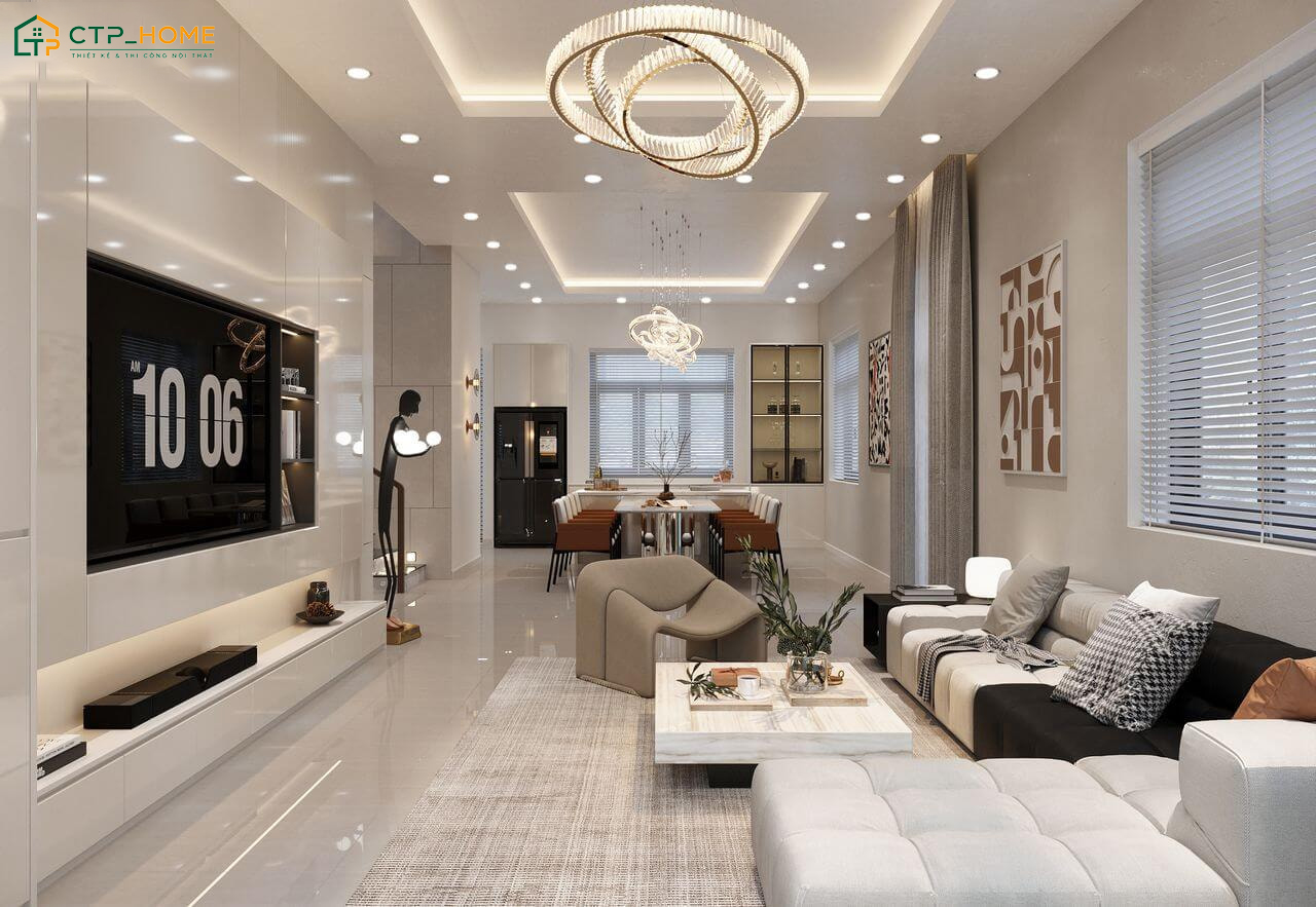 Mẫu thiết kế bên trong nhà cấp 4 màu chủ đạo trắng, kem giúp không gian trở nên sang trọng và cuốn hút hơn