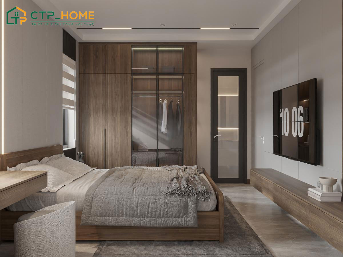Mẫu thiết kế nội thất nhà ống sử dụng vật liệu gỗ kết hợp ánh sáng tự nhiên cho phòng ngủ