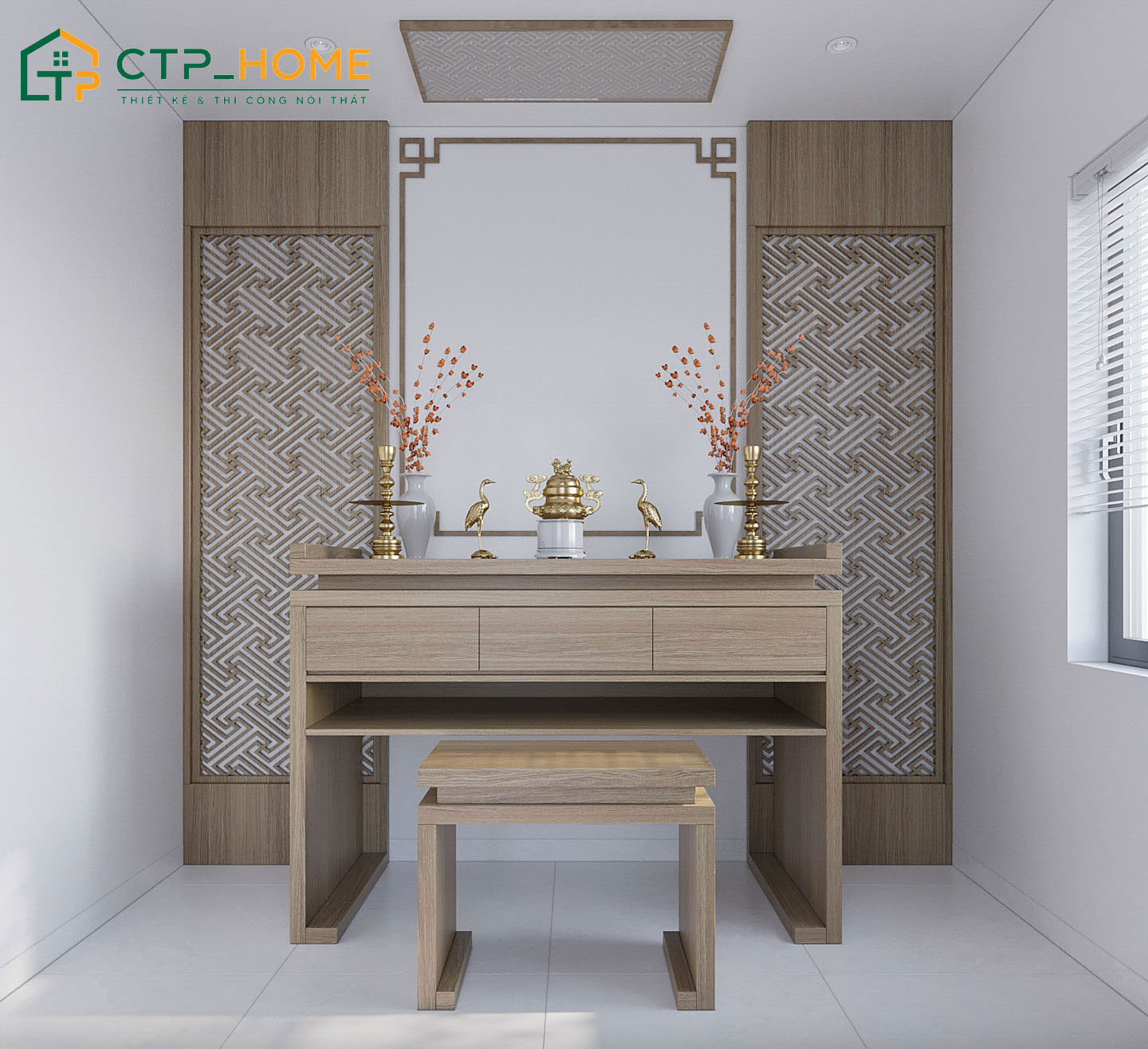 Mẫu thiết kế phòng thờ đẹp, kết hợp ánh sáng dịu nhẹ tạo cảm giác thanh tịnh
