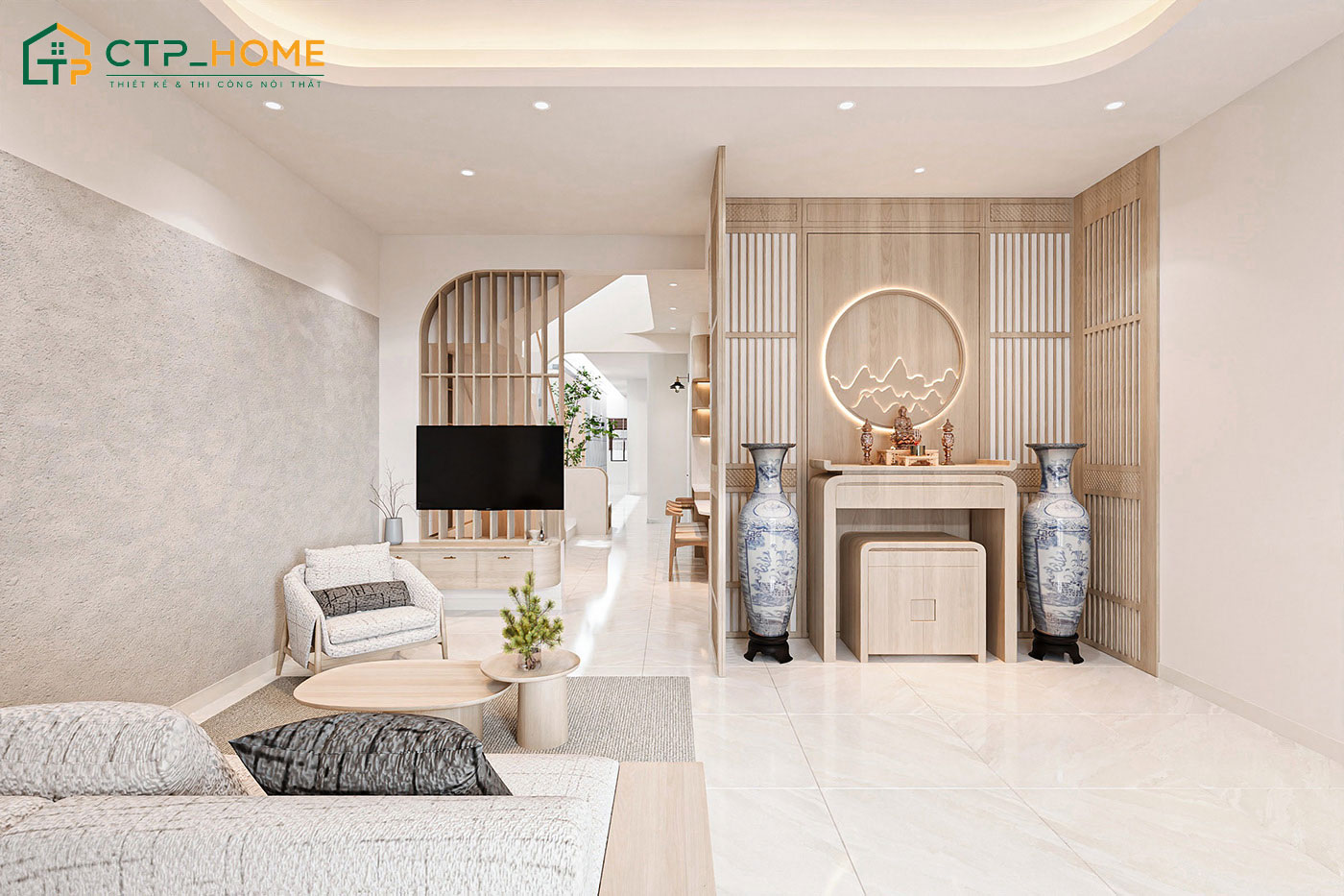Mẫu nội thất nhà ống đẹp 4m mặt tiền được tích hợp phòng khách với khu vực thờ cúng