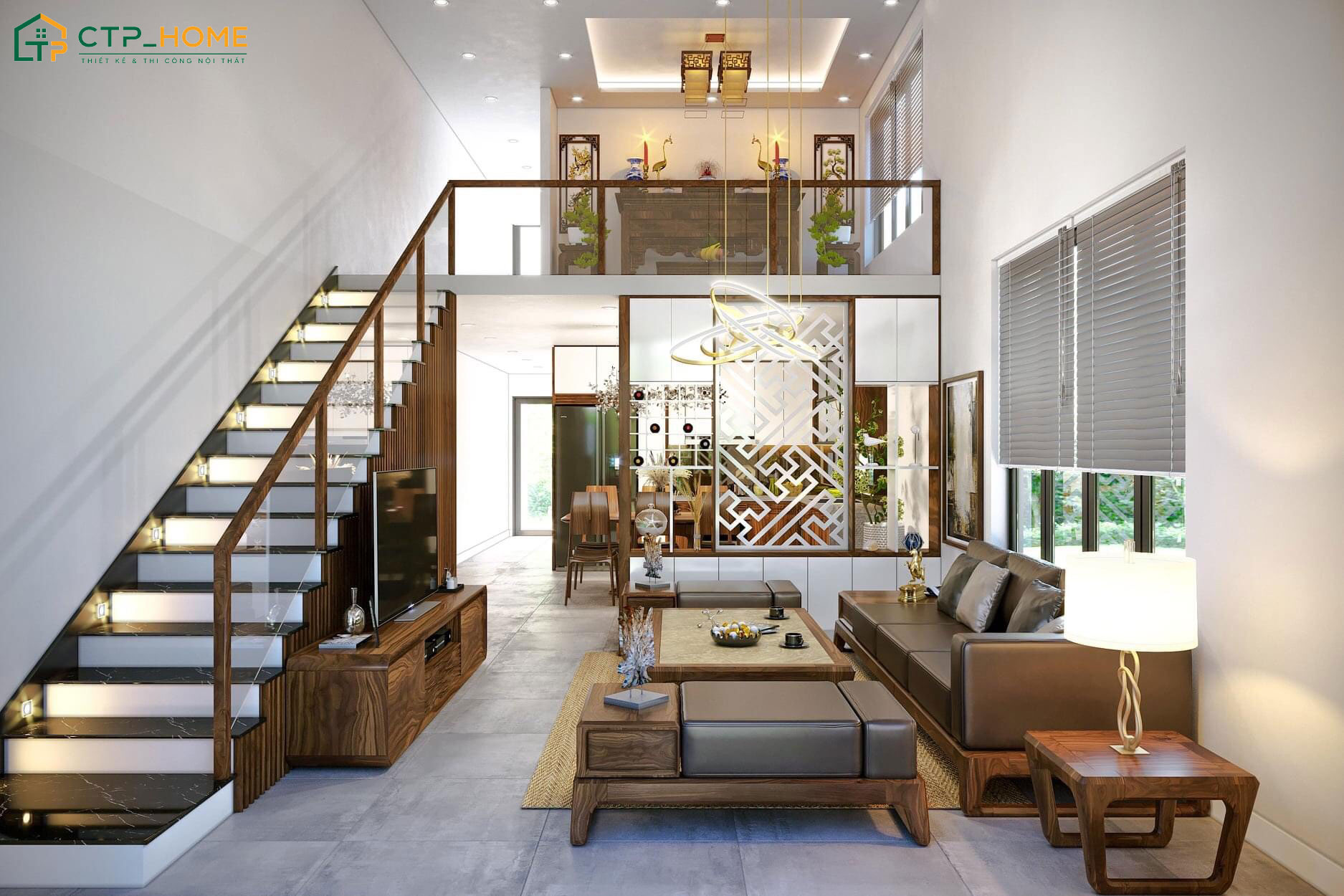 Mẫu thiết kế nội thất cho nhà ống có gác lửng giúp tăng diện tích sử dụng mà vẫn đảm bảo độ thông thoáng