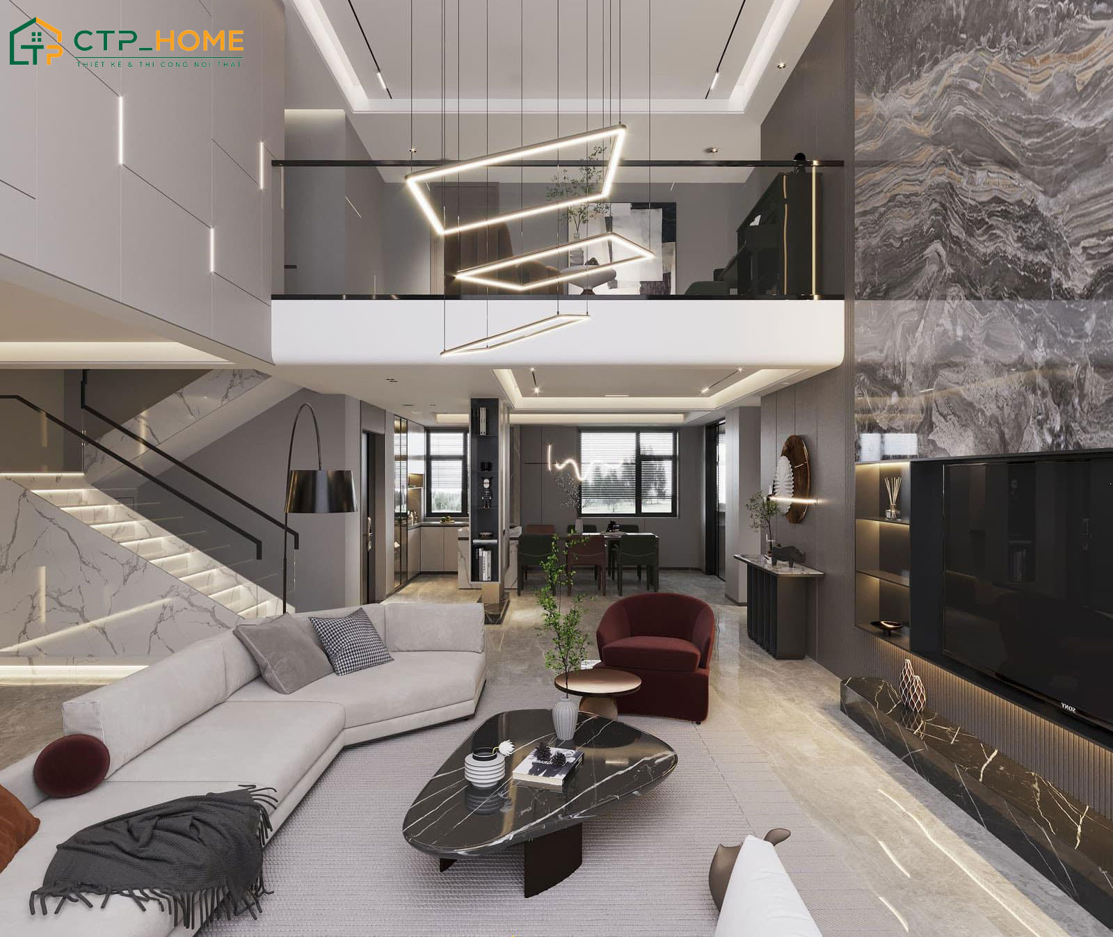 Mẫu trang trí nội thất nhà ống thông tầng Luxury ốp tường đá cực kỳ sang trọng
