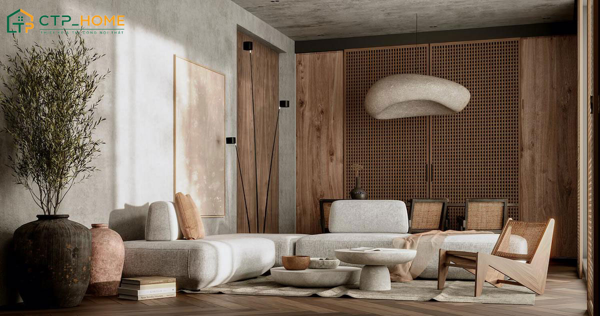 Mẫu thiết kế thi công nội thất nhà ống Wabi Sabi nổi bật với vẻ của sự mộc mạc và tự nhiên