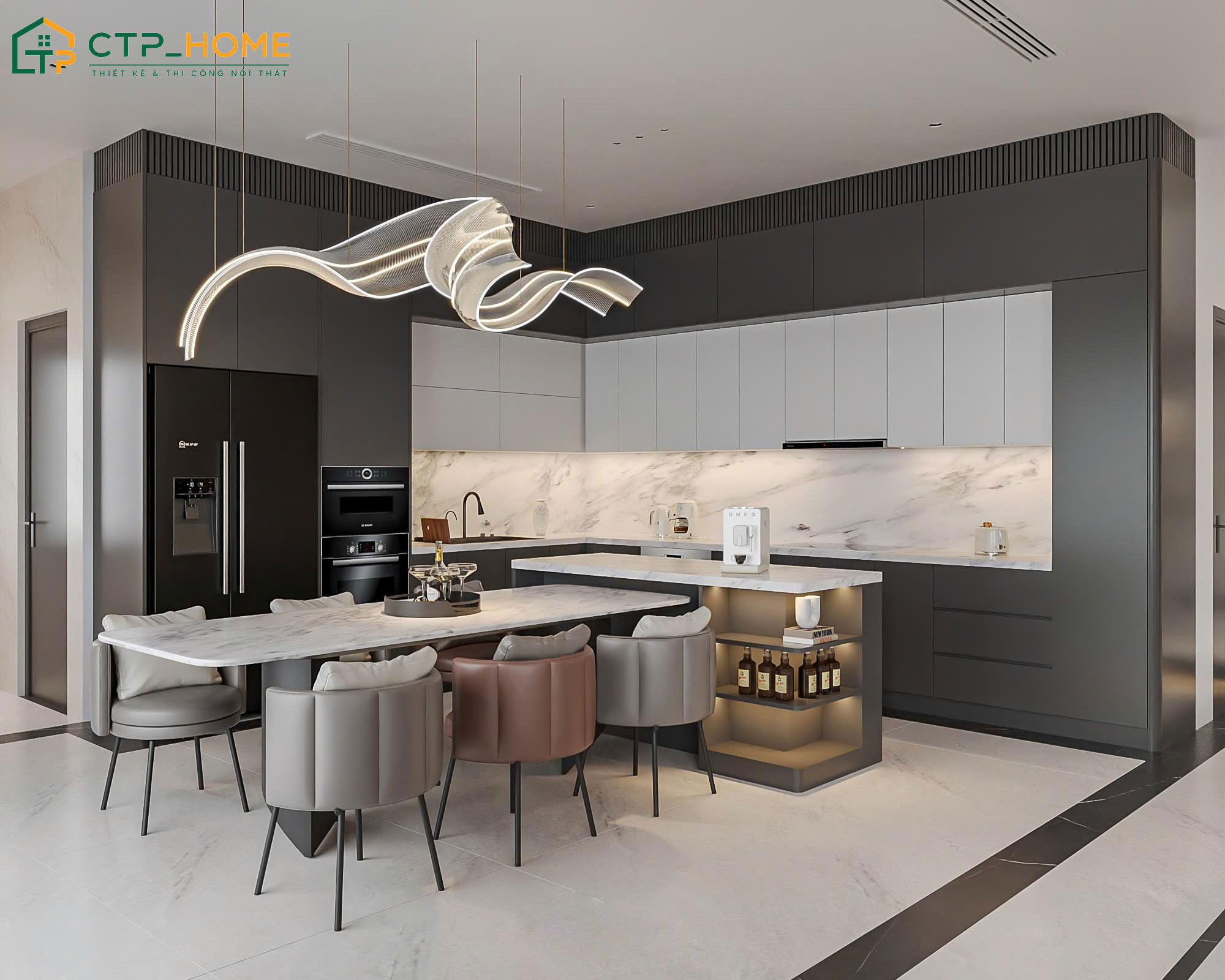 Mẫu thiết kế nội thất phòng bếp hiện đại với bàn ăn cỡ lớn cho gia đình đông thành viên