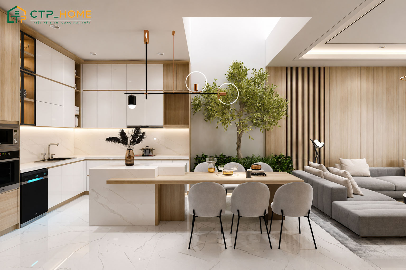 Mẫu thiết kế phòng bếp nhà ống sử dụng nội thất giúp tối ưu diện tích sử dụng