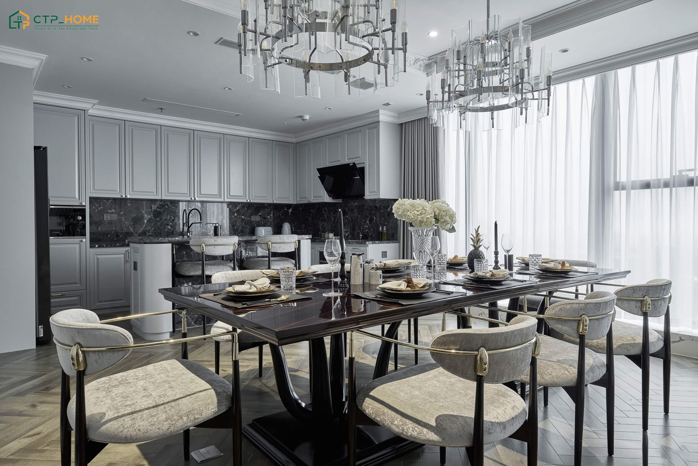 Mẫu thiết kế nội thất phòng bếp cho căn hộ Penthouse hiện đại với ánh sáng dịu nhẹ