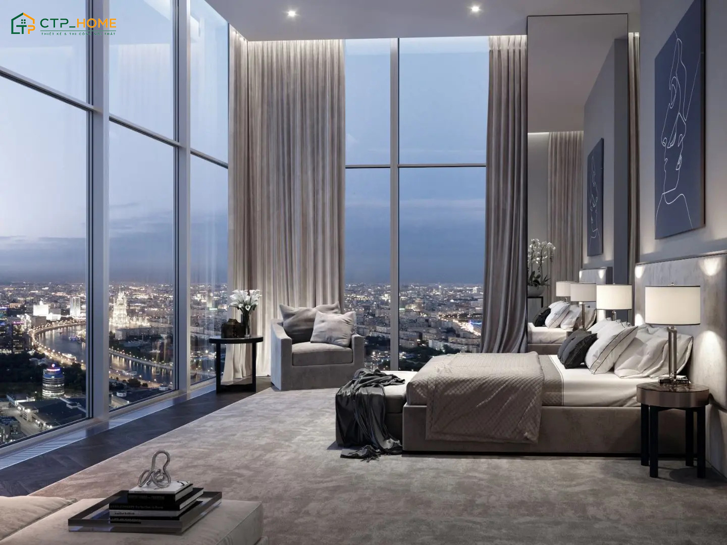 Mẫu phòng ngủ Penthouse có thiết kế tối giản nhưng vẫn rất sang trọng và ấm cúng