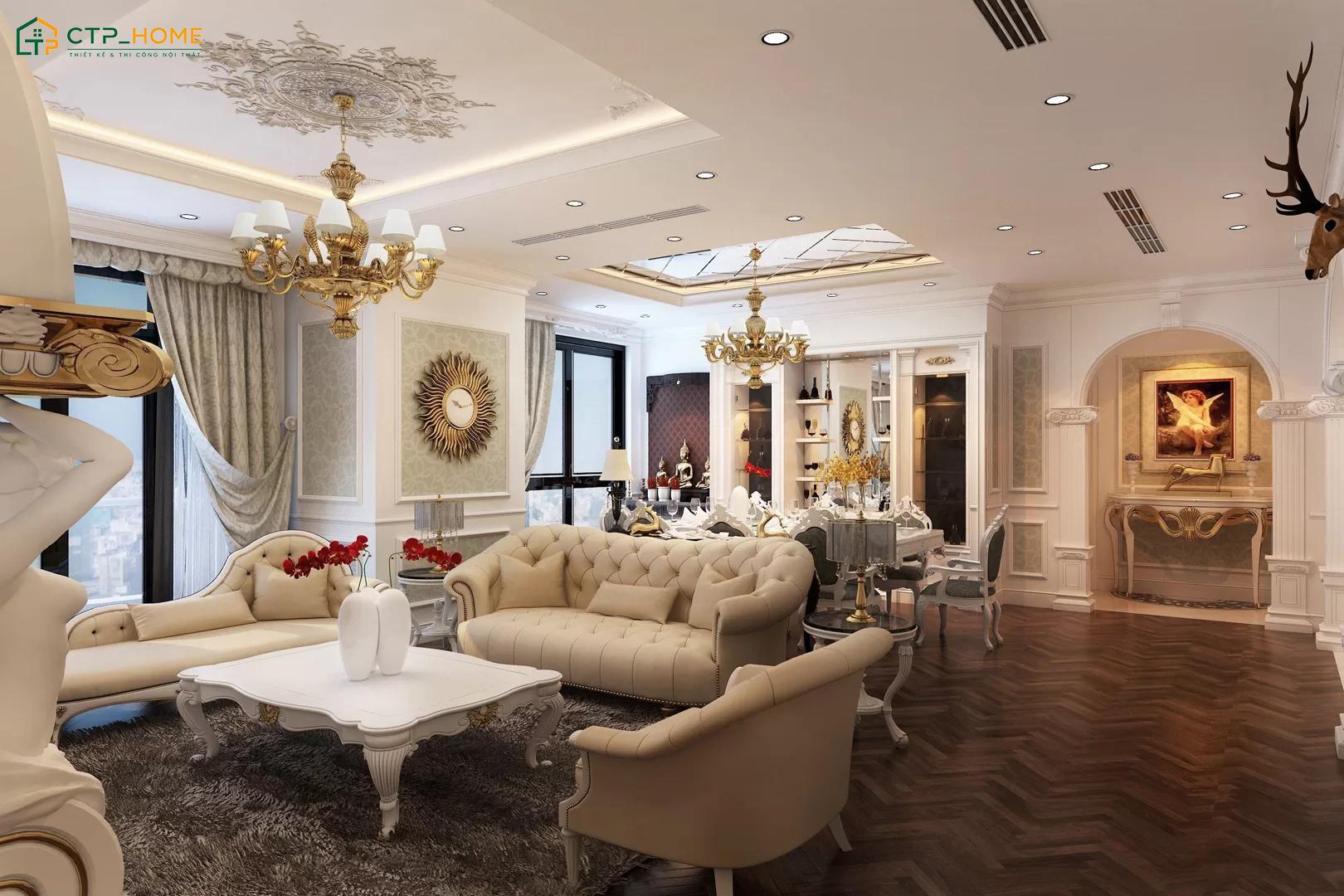 Mẫu thiết kế nội thất Penthouse phong cách tân cổ điển nổi bật với những đường nét phào chỉ nhẹ nhàng