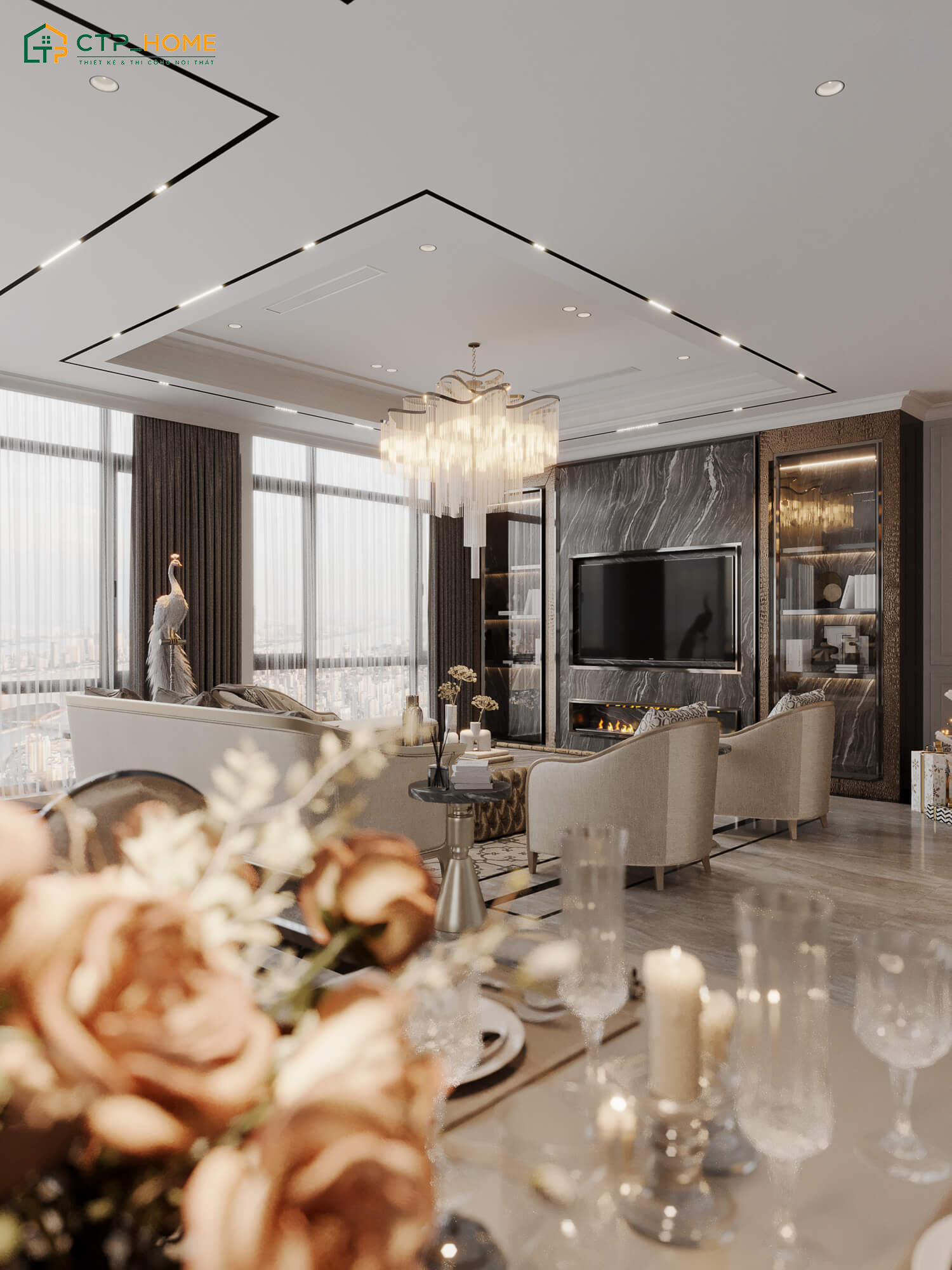Mẫu thiết kế phòng khách Penthouse với tone màu be theo sở thích của gia chủ