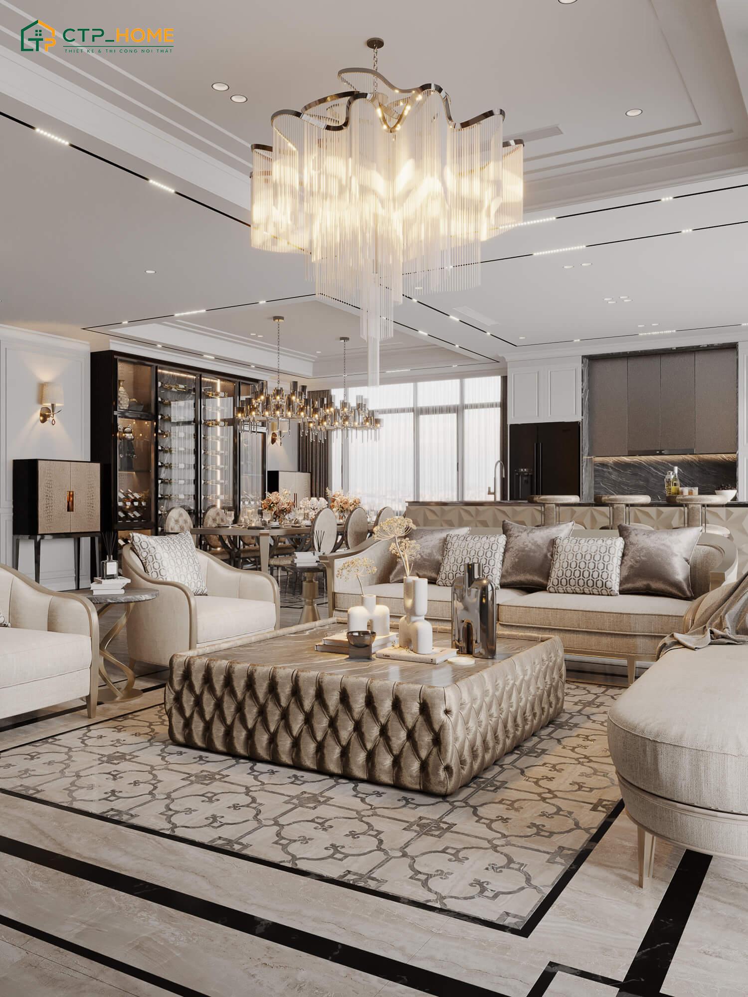 Bộ sofa phòng khách sang trọng, nổi bật với những đường cong mềm mại