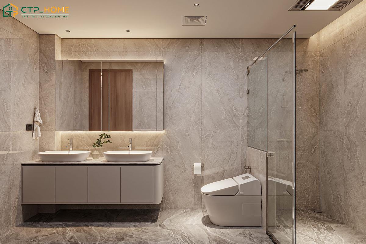 Mẫu phòng tắm đứng sử dụng vách kính trong suốt giúp không gian nhỏ trở nên rộng rãi hơn