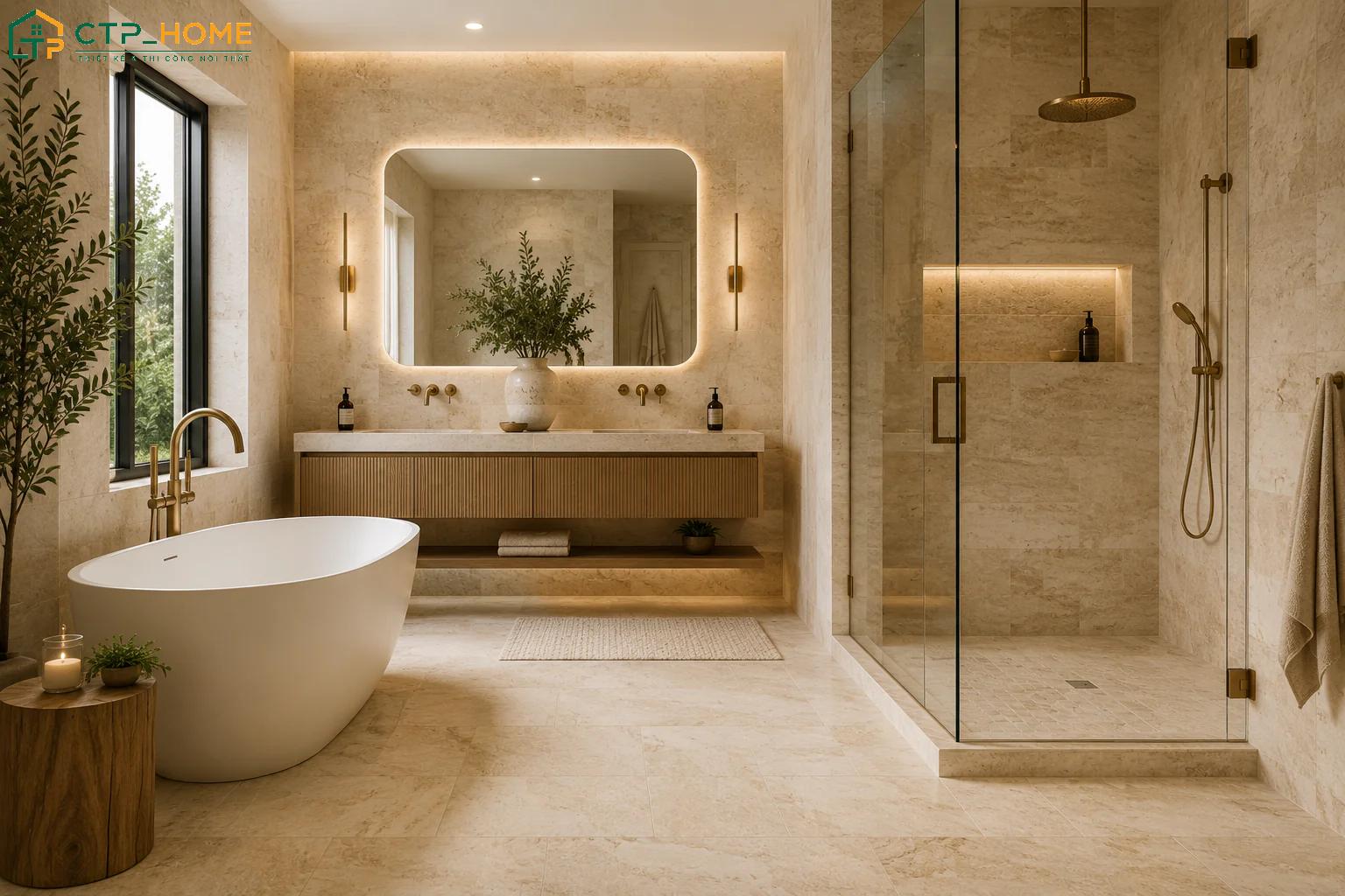 Mẫu trang trí nhà tắm đẹp hiện đại với bồn tắm đặt cạnh cửa sổ giúp tạo điểm nhấn