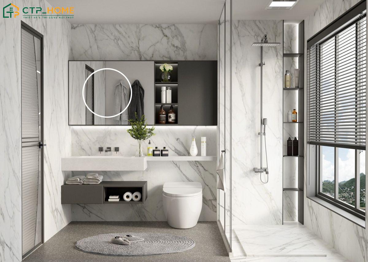 Mẫu nội thất phòng tắm hiện đại với hệ tủ lavabo treo tường tiện lợi