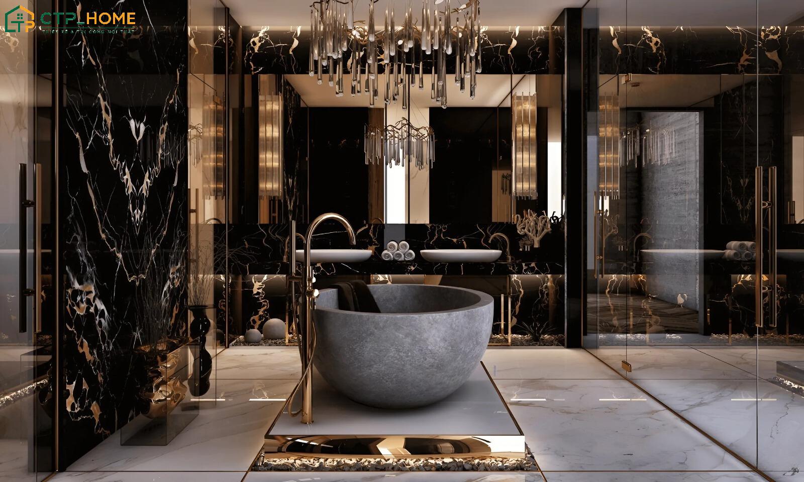 Mẫu thiết kế phòng tắm đẹp sang trọng với hệ đèn trang trí tạo điểm nhấn nổi bật