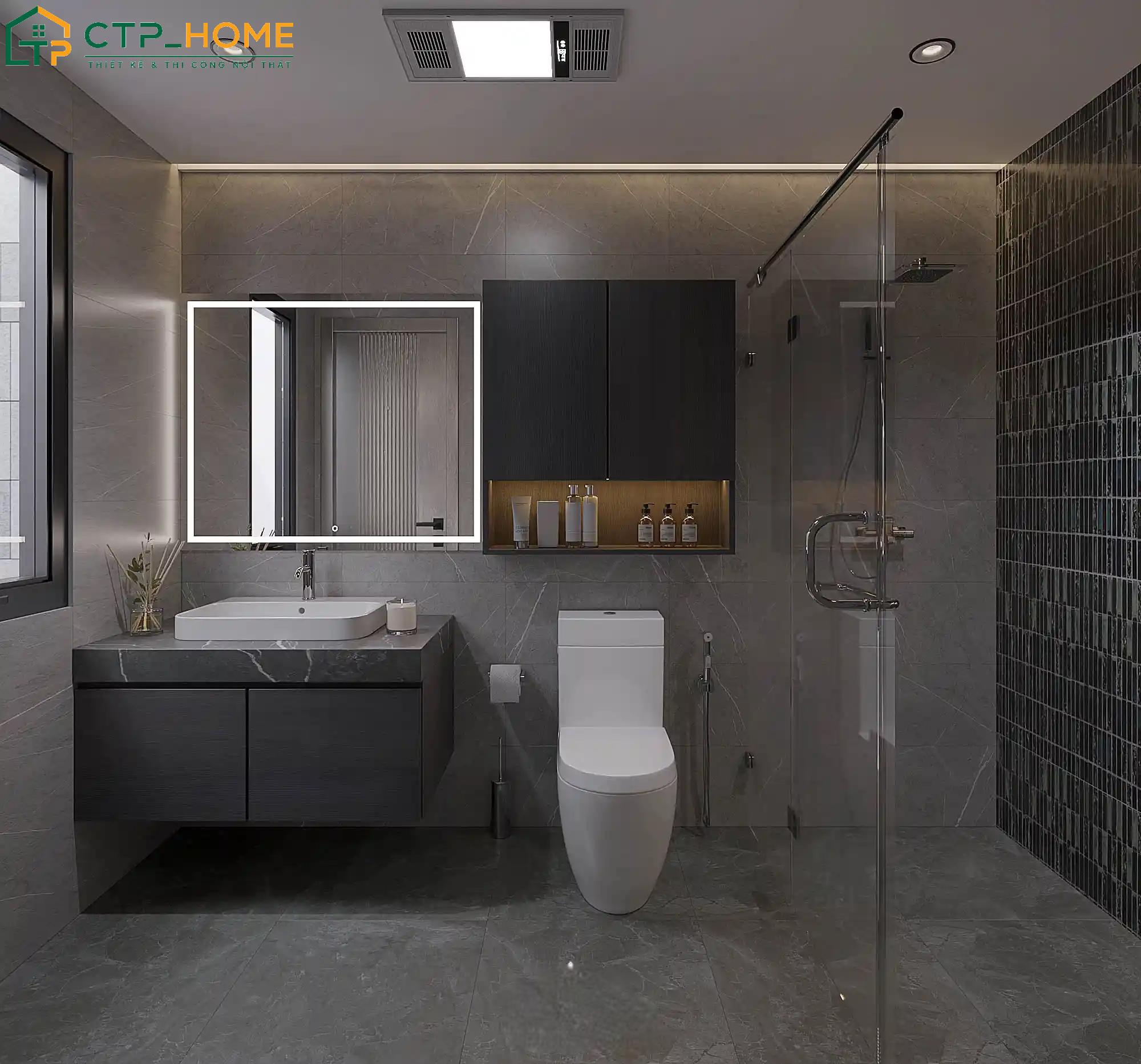 Mẫu phòng tắm nhà phố hiện đại sử dụng vách kính phân chia khu vực khô và ướt