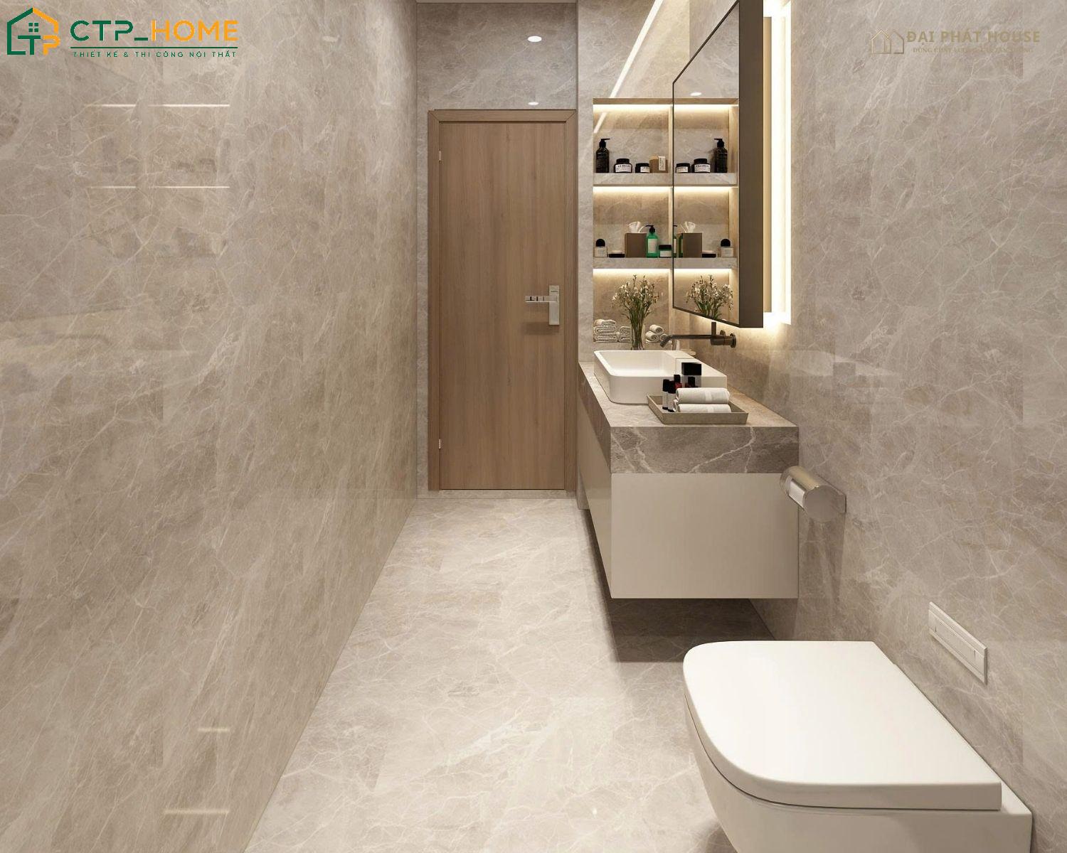Mẫu thiết kế phòng vệ sinh đẹp và thông thoáng với gam màu sáng làm chủ đạo