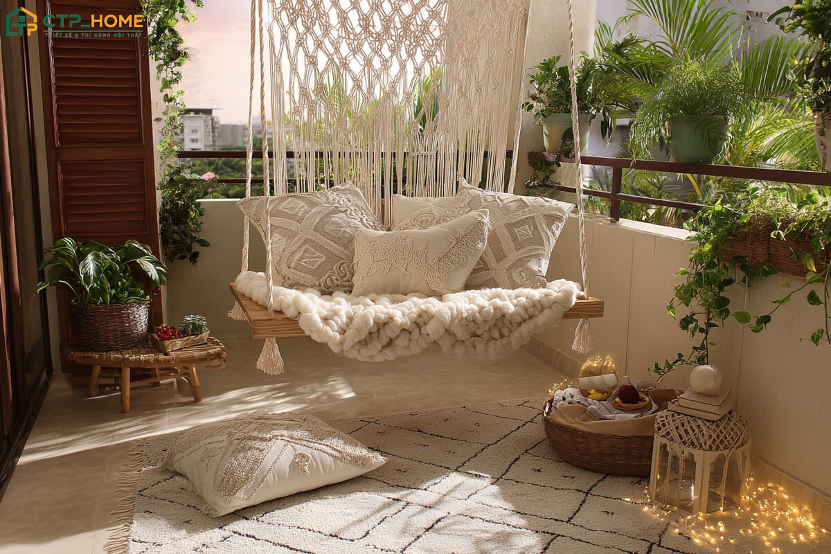 Mẫu thiết kế ban công nhà ống đẹp phong cách Bohemian nổi bật với các hoạ tiết thổ cẩm đẹp mắt