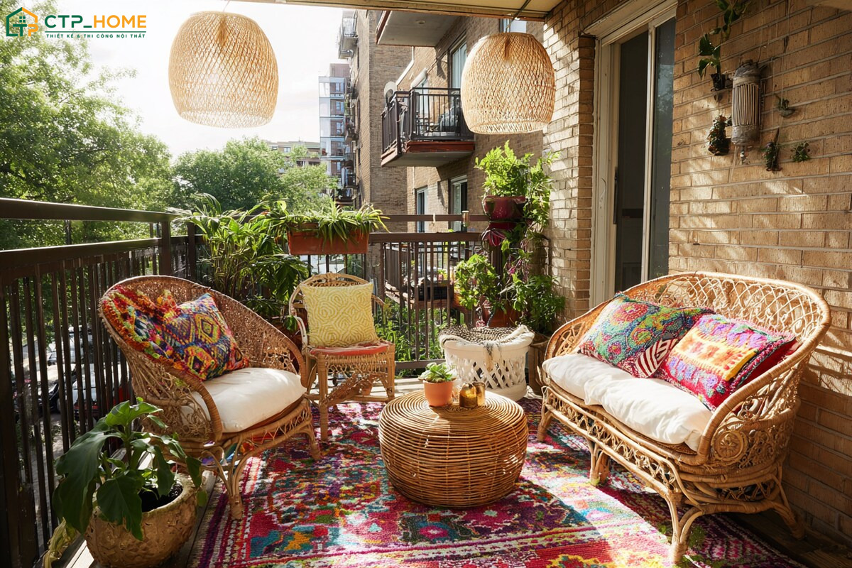 Mẫu ban công nhà phố đẹp Bohemian là sự kết hợp hài hòa giữa nội thất mộc mạc và hoạ tiết thổ cẩm