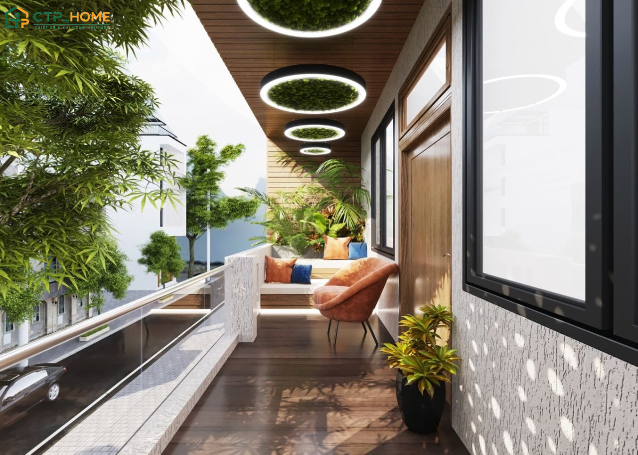 Sử dụng đèn trang trí sẽ đem đến vẻ đẹp lung linh và ấm cúng cho ban công nhà ống