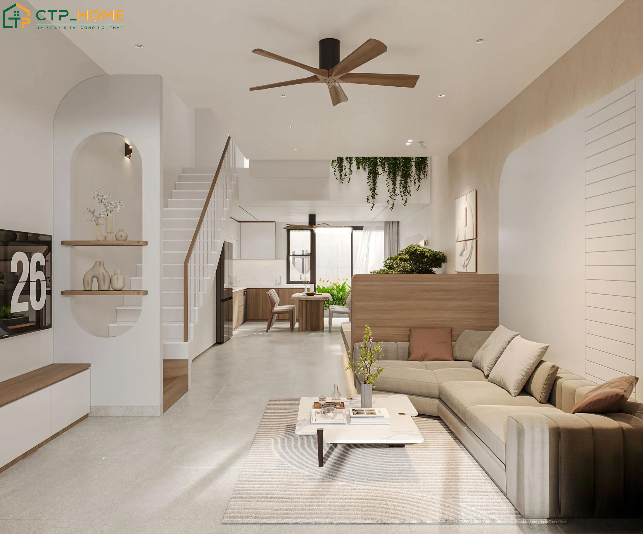 Việc bố trí phòng khách nhà ống gọn gàng sẽ giúp tối ưu diện tích và đảm bảo lối đi thông thoáng