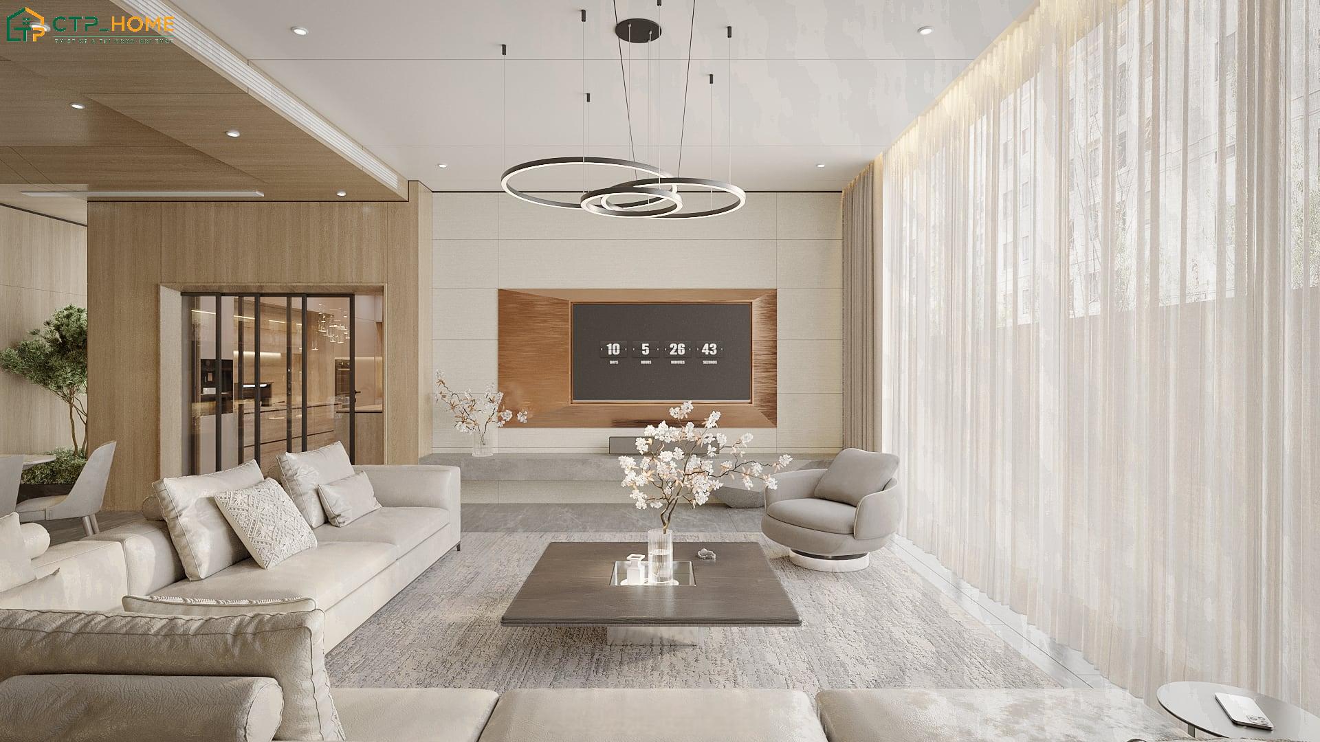 Bộ sofa hình chữ L được bố trí gọn gàng giúp tạo sự thoải mái trong sinh hoạt hằng ngày