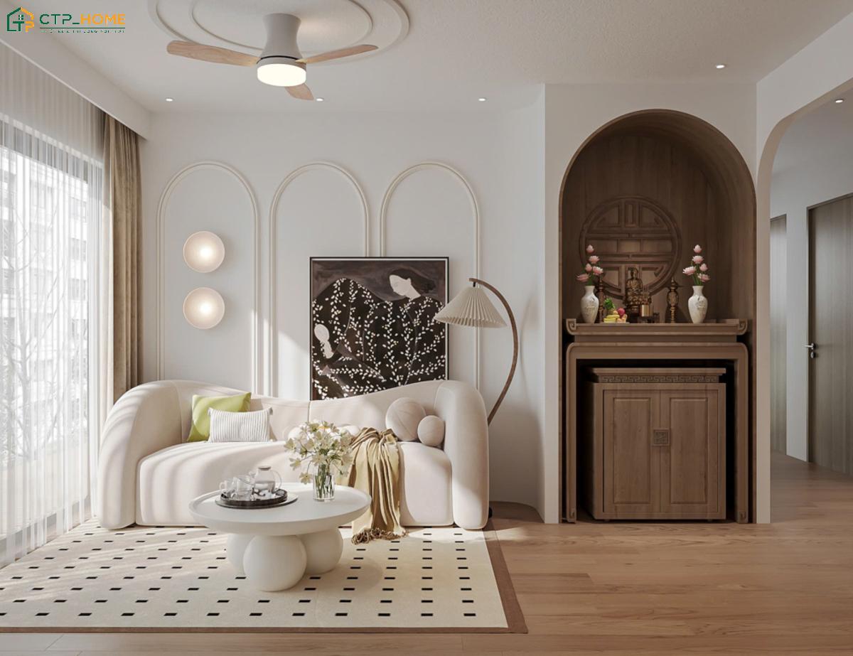 Bố trí phòng khách có bàn thờ ở vị trí phù hợp để đảm bảo sự trang nghiêm