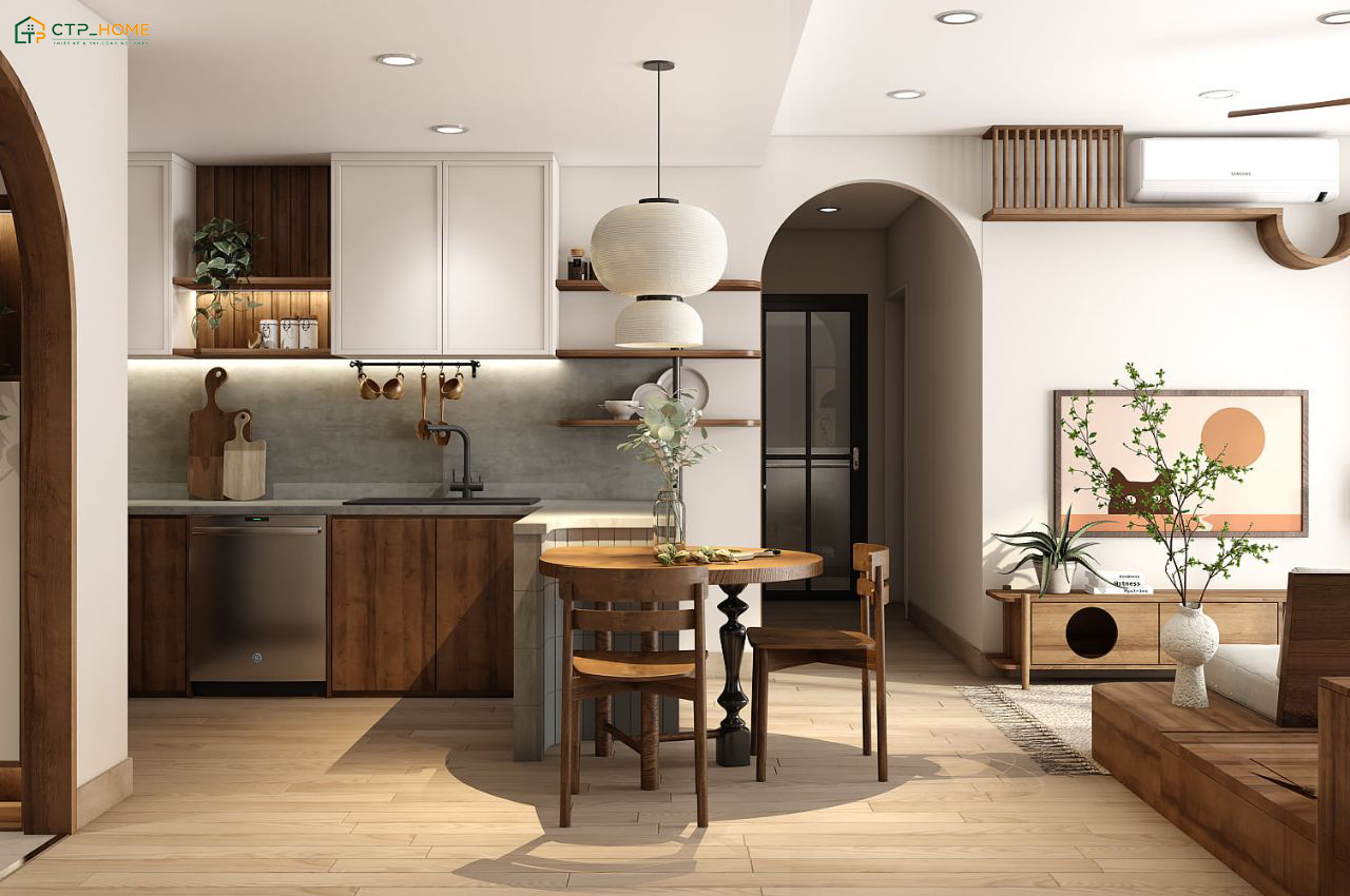 Mẫu decor nhà bếp chung cư thường sẽ ưu tiên bố cục gọn gàng để tận dụng tối đa diện tích sử dụng