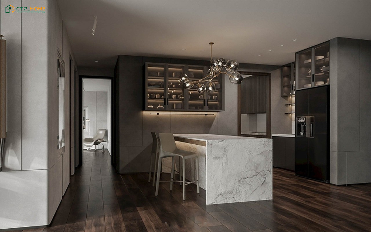 Decor phòng bếp chung cư với nội thất đơn giản sẽ giúp tạo cảm giác rộng rãi và thông thoáng hơn