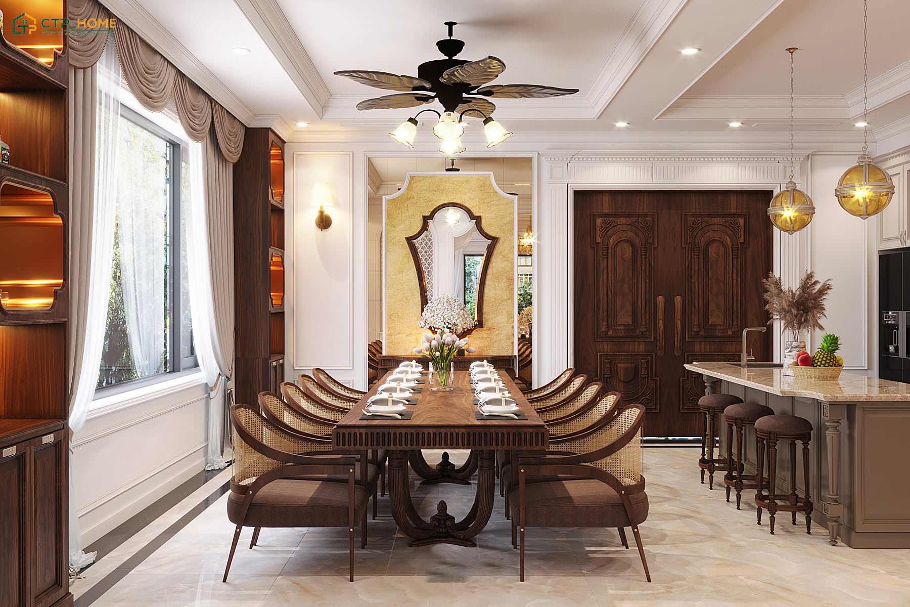 Mẫu decor nhà bếp đẹp cho biệt thự thường sẽ sử dụng nội thất cao cấp cùng bảng màu tươi sáng