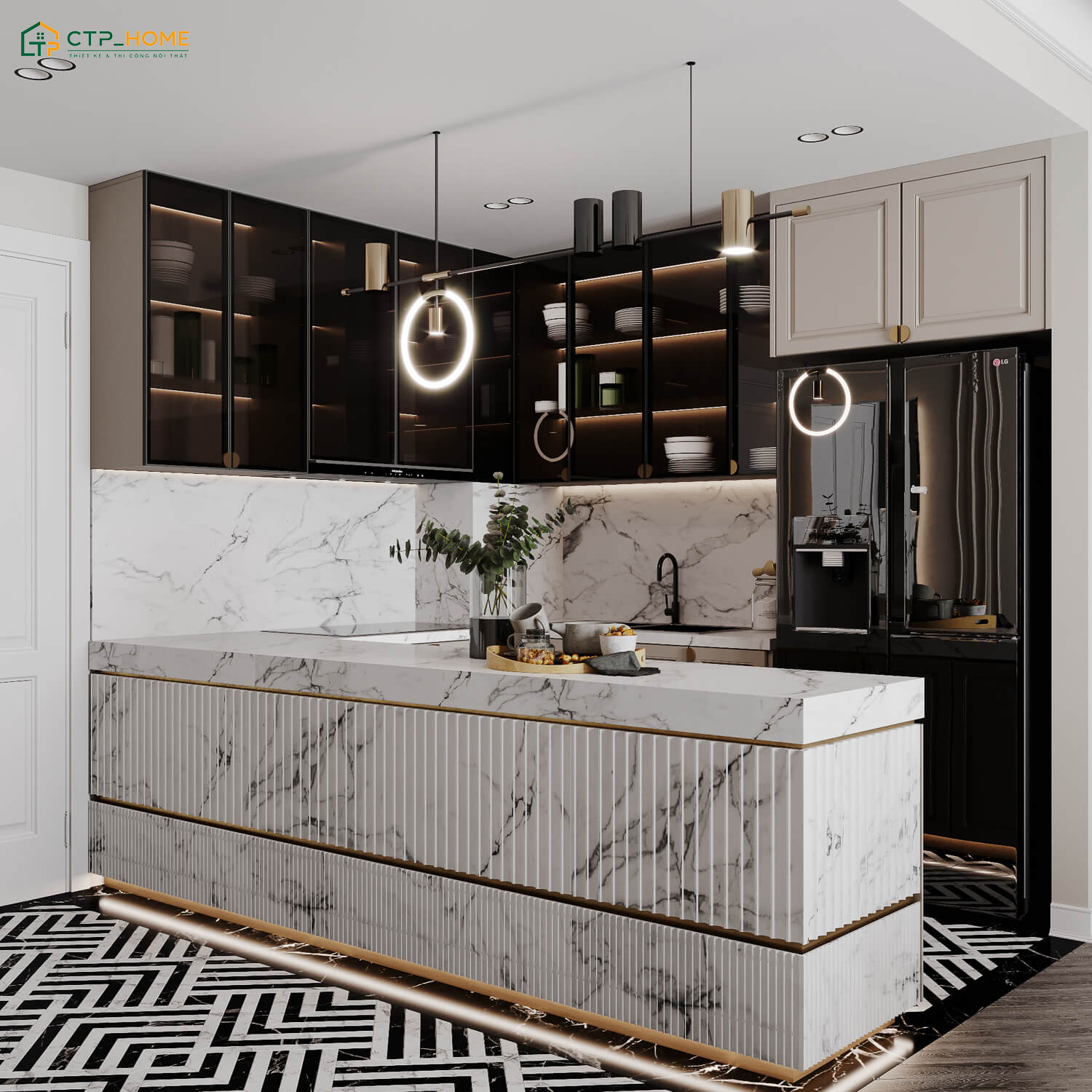 Decor nhà bếp với 2 tone màu trắng và đen sẽ tạo cảm giác rộng rãi và thoáng đãng hơn