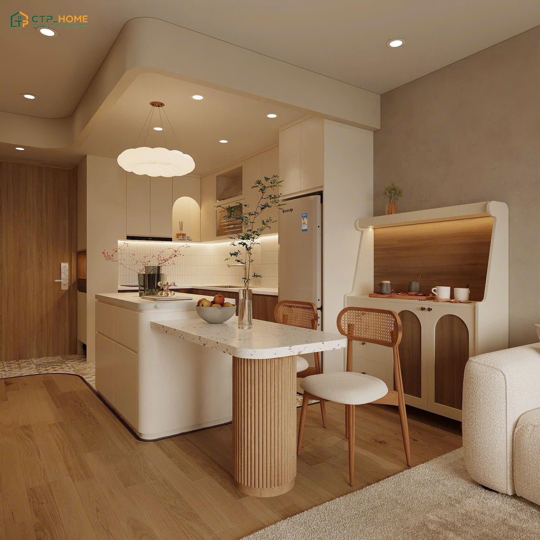 Mẫu trang trí phòng bếp diện tích nhỏ sẽ cần phải tính toán kỹ lưỡng về cách bố trí không gian và sử dụng nội thất