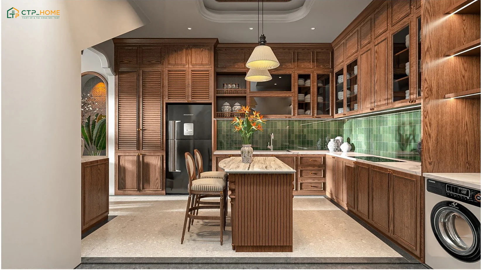 Bàn ăn bằng gỗ tự nhiên được đặt ở trung tâm của căn bếp sẽ giúp mang đến cảm giác thoải mái khi ăn uống