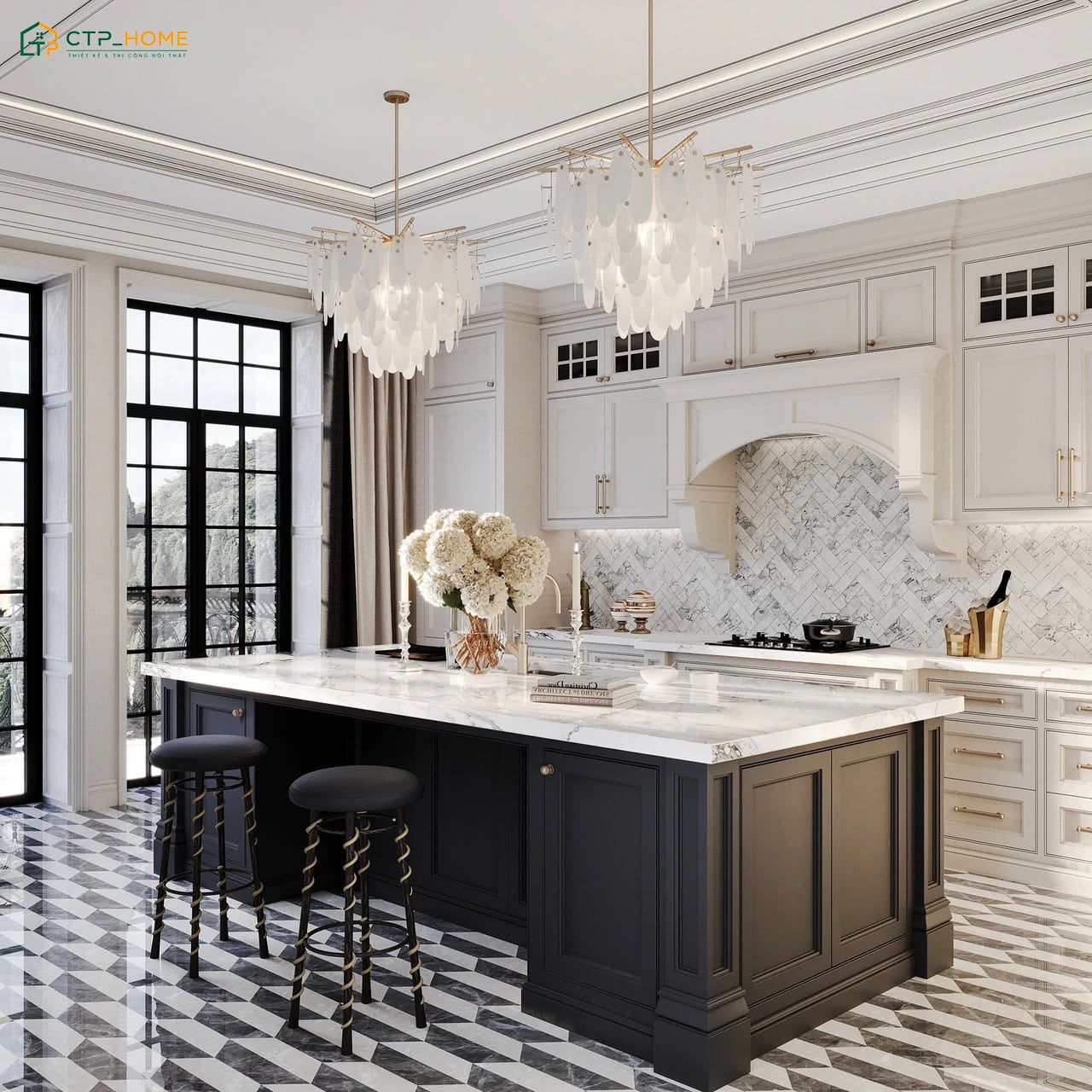 Mẫu trang trí bếp đẹp theo phong cách tân cổ điển sẽ ưu tiên sử dụng chất liệu nội thất và bảng màu tinh tế