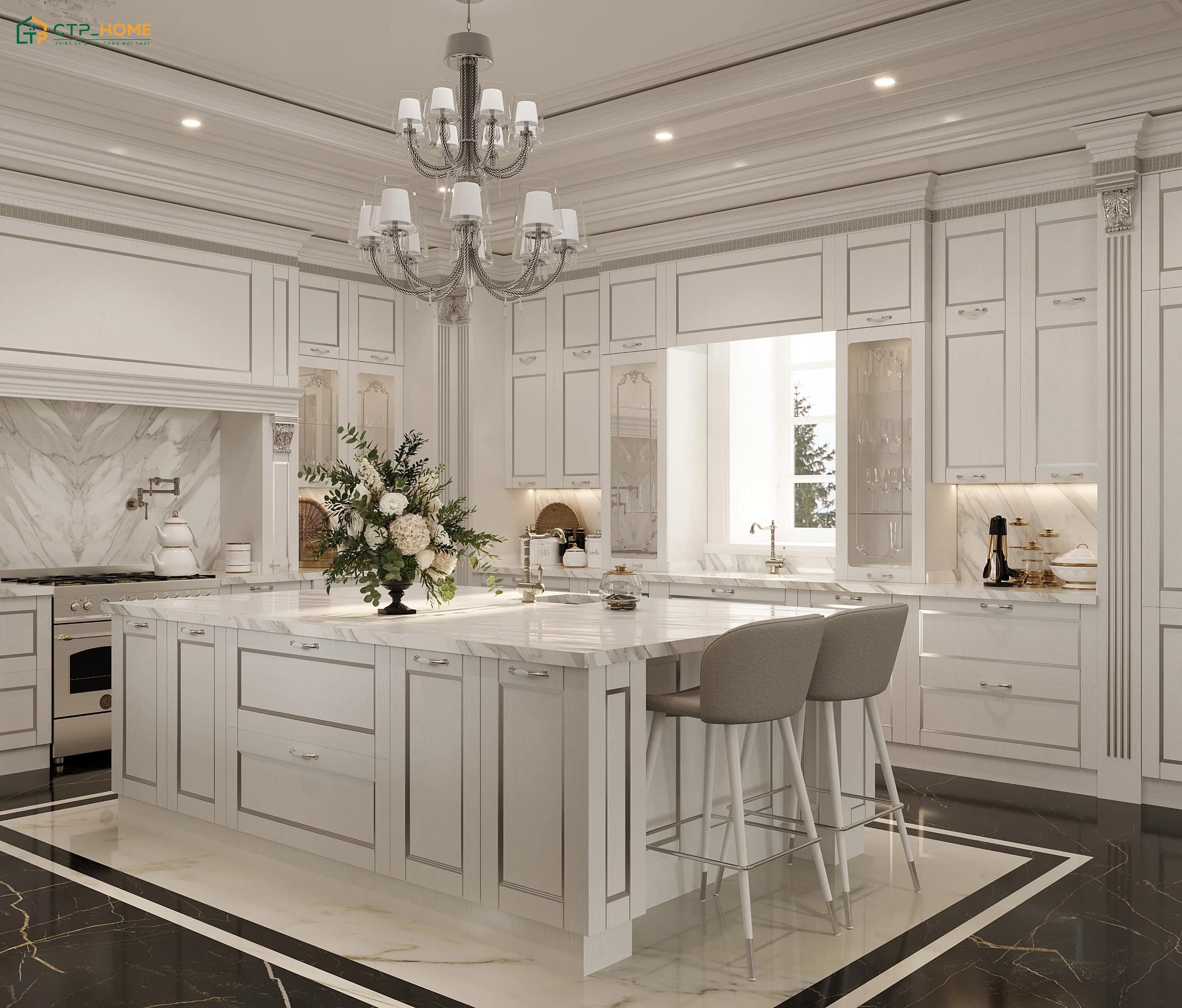 Sử dụng tủ bếp, bàn đảo và bàn ăn mang phong cách tân cổ điển để tạo điểm nhấn cho không gian bếp