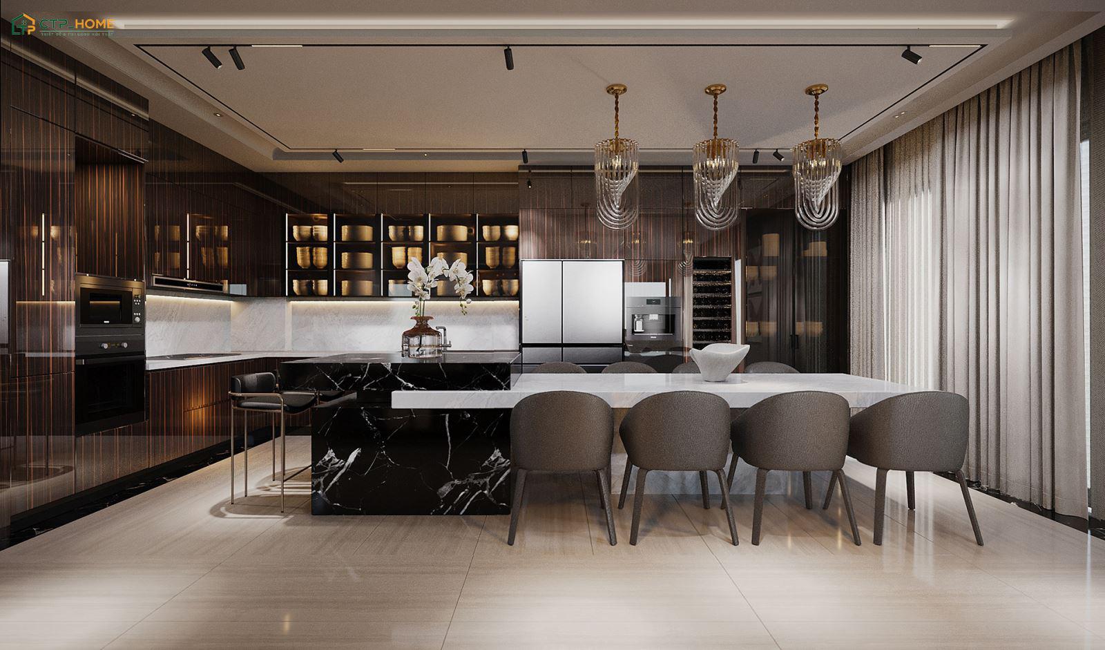 Decor bếp bằng hệ thống đèn có ánh sáng trung tính sẽ mang đến cảm giác ấm cúng và dễ chịu