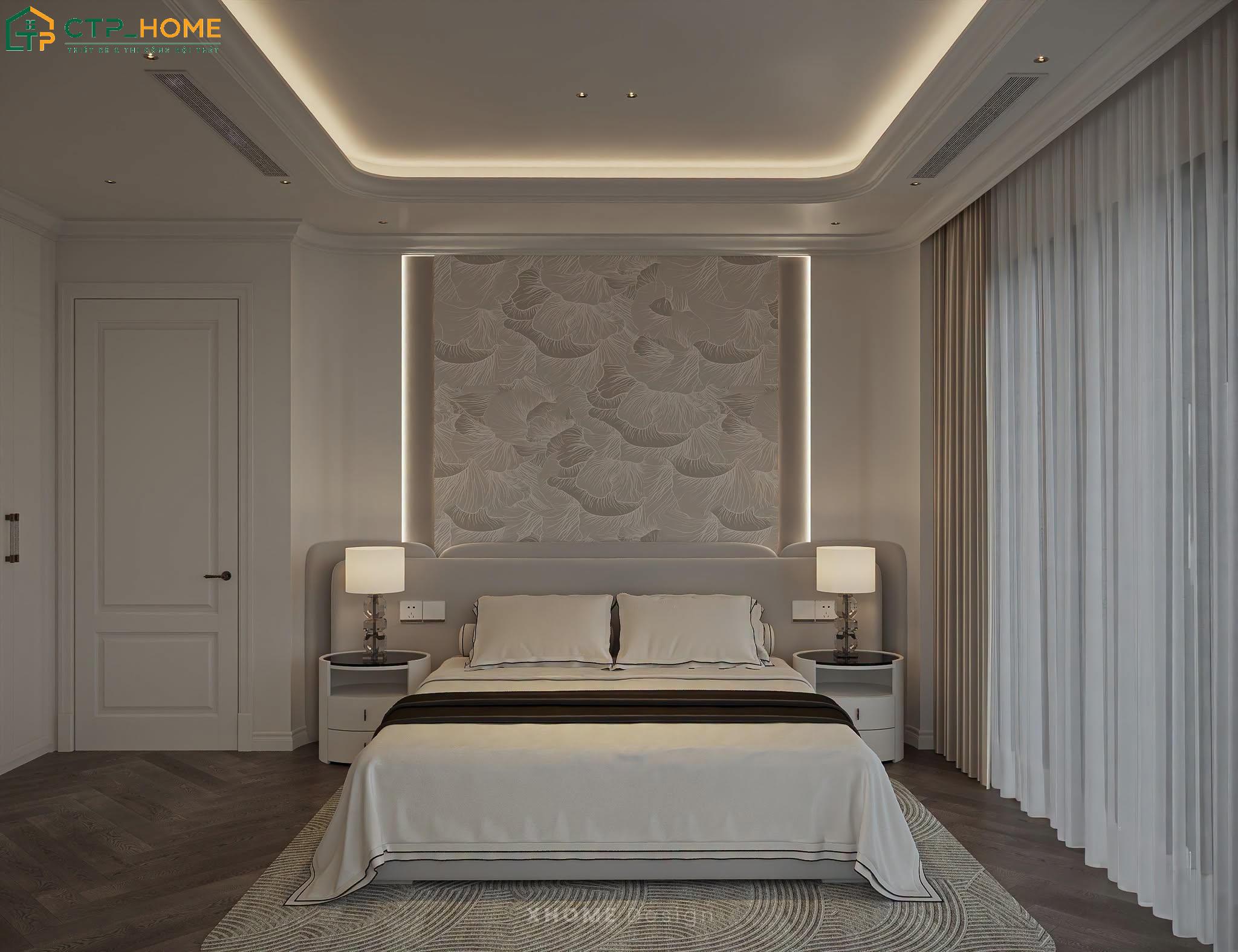 Mẫu phòng ngủ decor bằng rèm hai lớp giúp điều chỉnh ánh sáng linh hoạt theo nhu cầu sử dụng