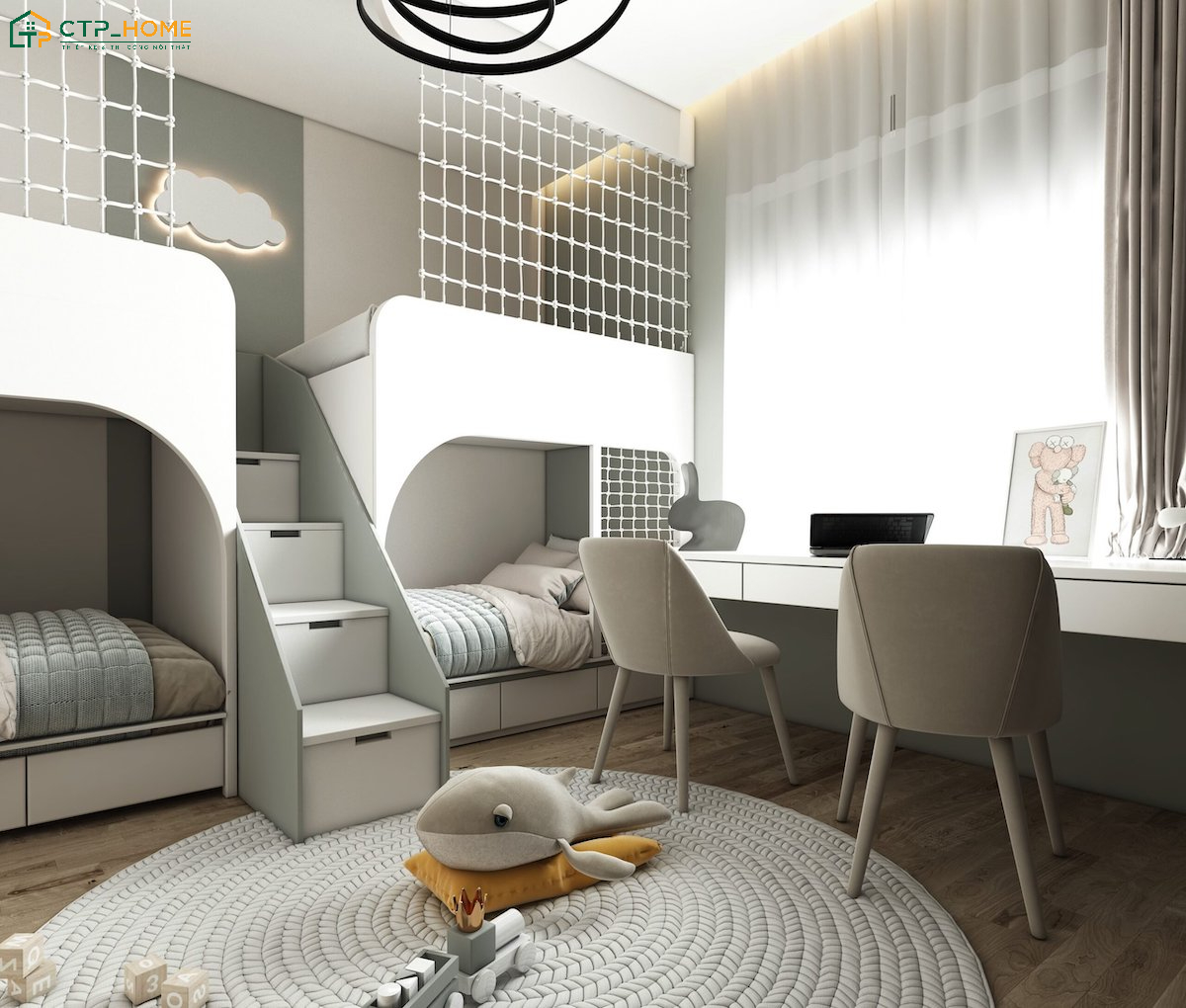 Decor phòng ngủ cute với giường tầng tích hợp tủ để đồ giúp tối ưu diện tích và tăng không gian lưu trữ