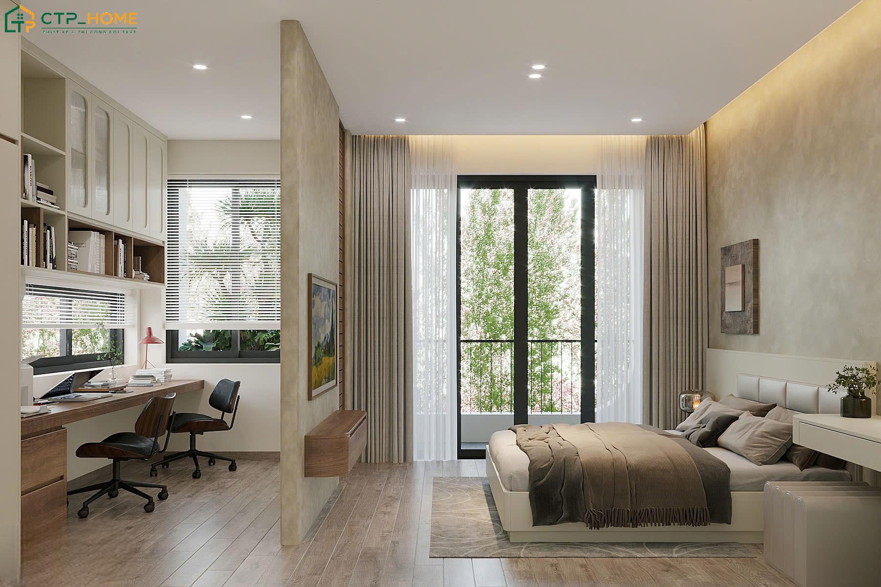 Decor phòng ngủ đơn giản với góc làm việc nhỏ gọn giúp tối ưu diện tích và giữ không gian luôn gọn gàng