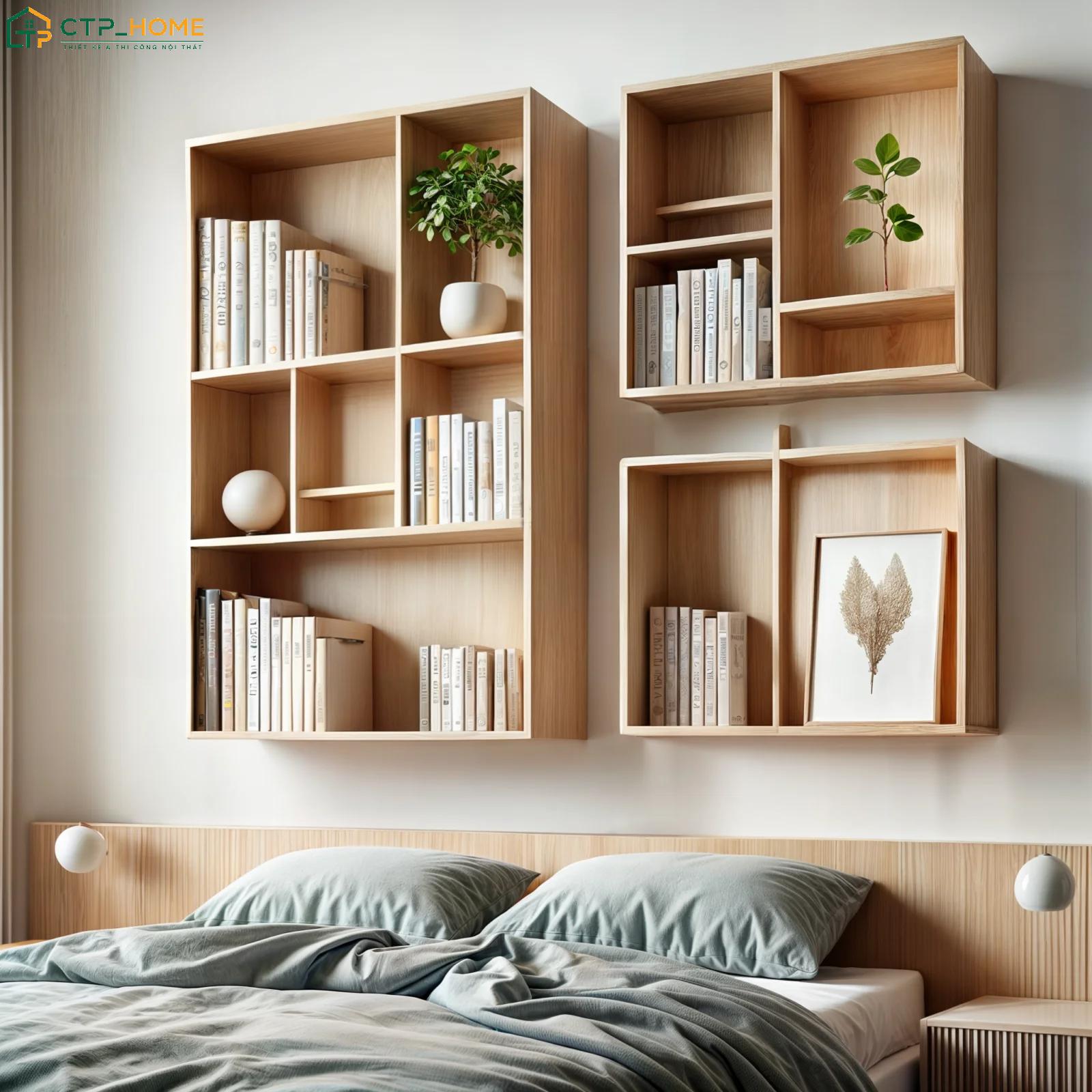 Sử dụng kệ treo tường nghệ thuật giúp tận dụng mảng tường trống thành điểm nhấn ấn tượng
