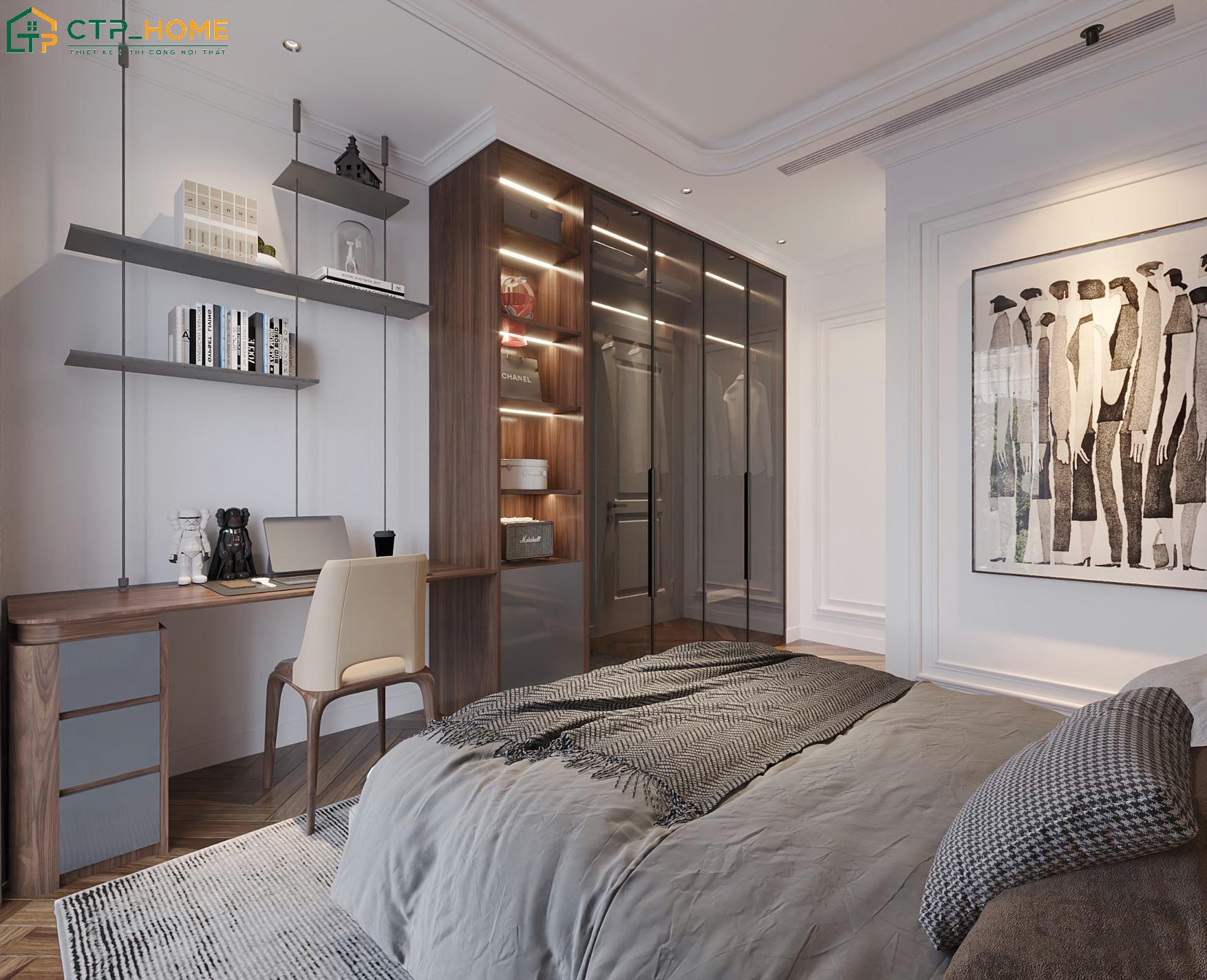 Sử dụng hệ tủ tích hợp đèn LED giúp tạo điểm nhấn tinh tế và nâng tầm thẩm mỹ cho phòng ngủ