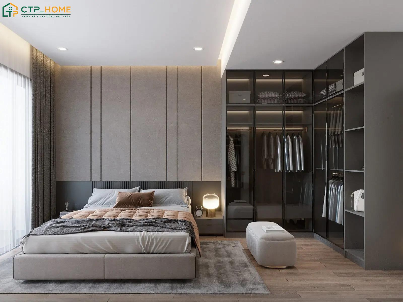 Tone màu trung tính kết hợp nội thất đồng bộ sẽ đem đến vẻ đẹp hài hòa và tinh tế cho phòng ngủ vợ chồng