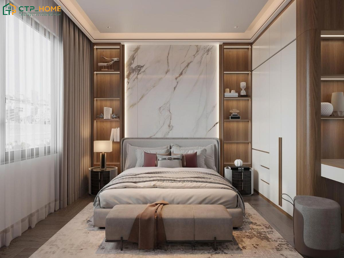 Sử dụng tủ quần áo kịch trần giúp tối ưu không gian lưu trữ và giữ cho phòng ngủ luôn gọn gàng