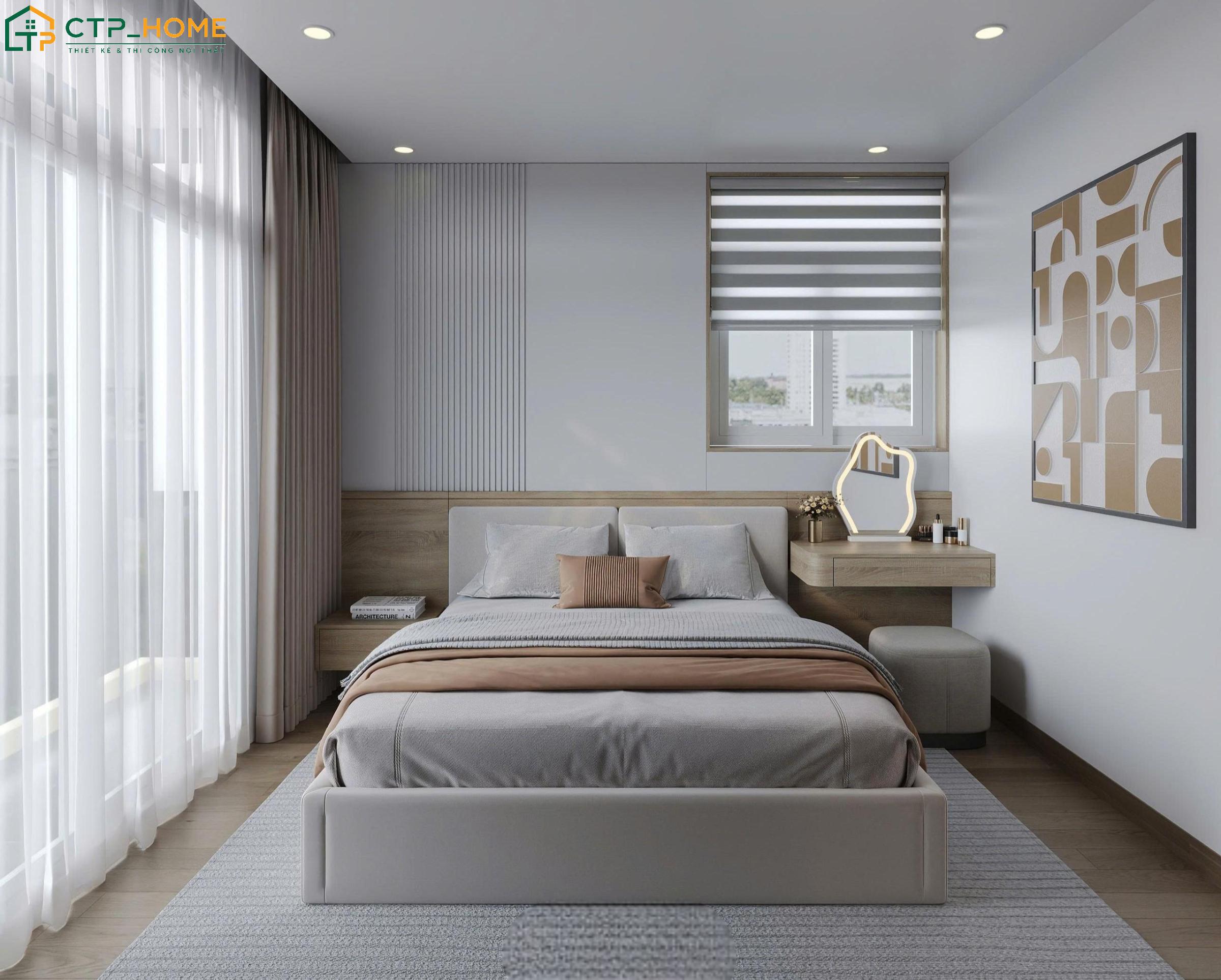 Việc tận dụng ánh sáng tự nhiên qua hệ cửa kính lớn giúp phòng ngủ 20m2 trở nên tươi mới hơn